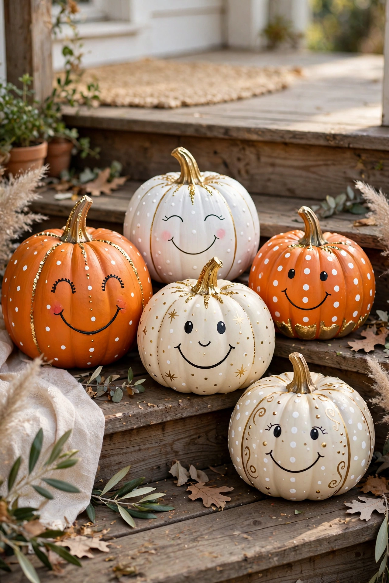 Cluster of painted pumpkins with cheerful faces, polka dots and gold accents