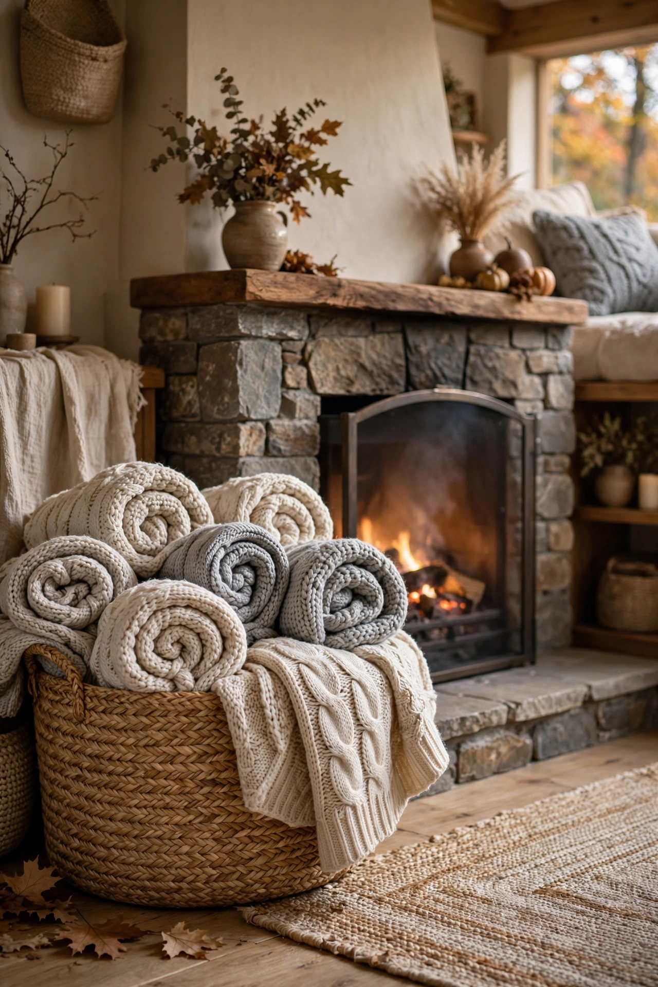 Basket of chunky knit throw blankets in cream and oatmeal beside a fireplace