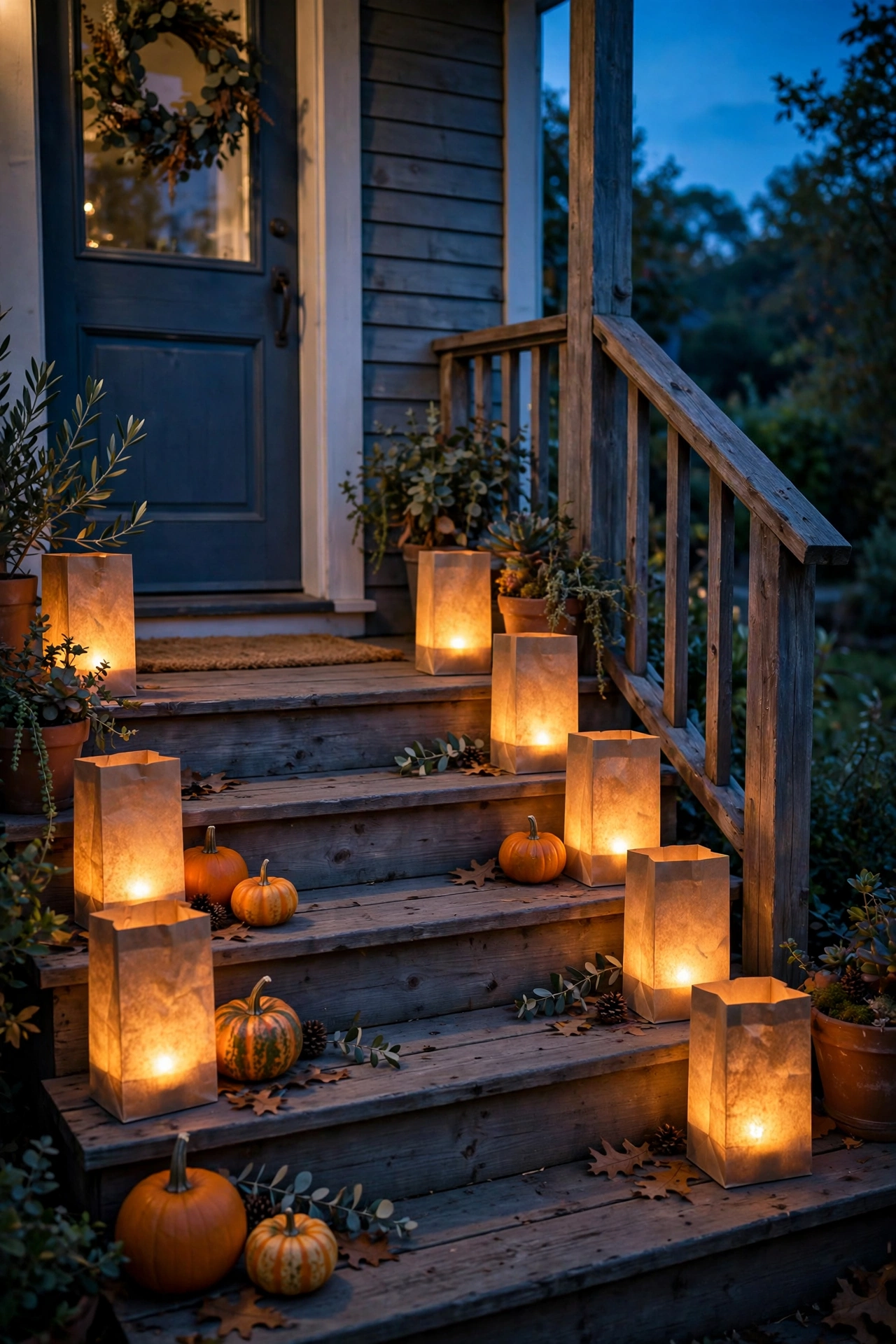 Glowing paper bag luminaries lining front porch steps at dusk
