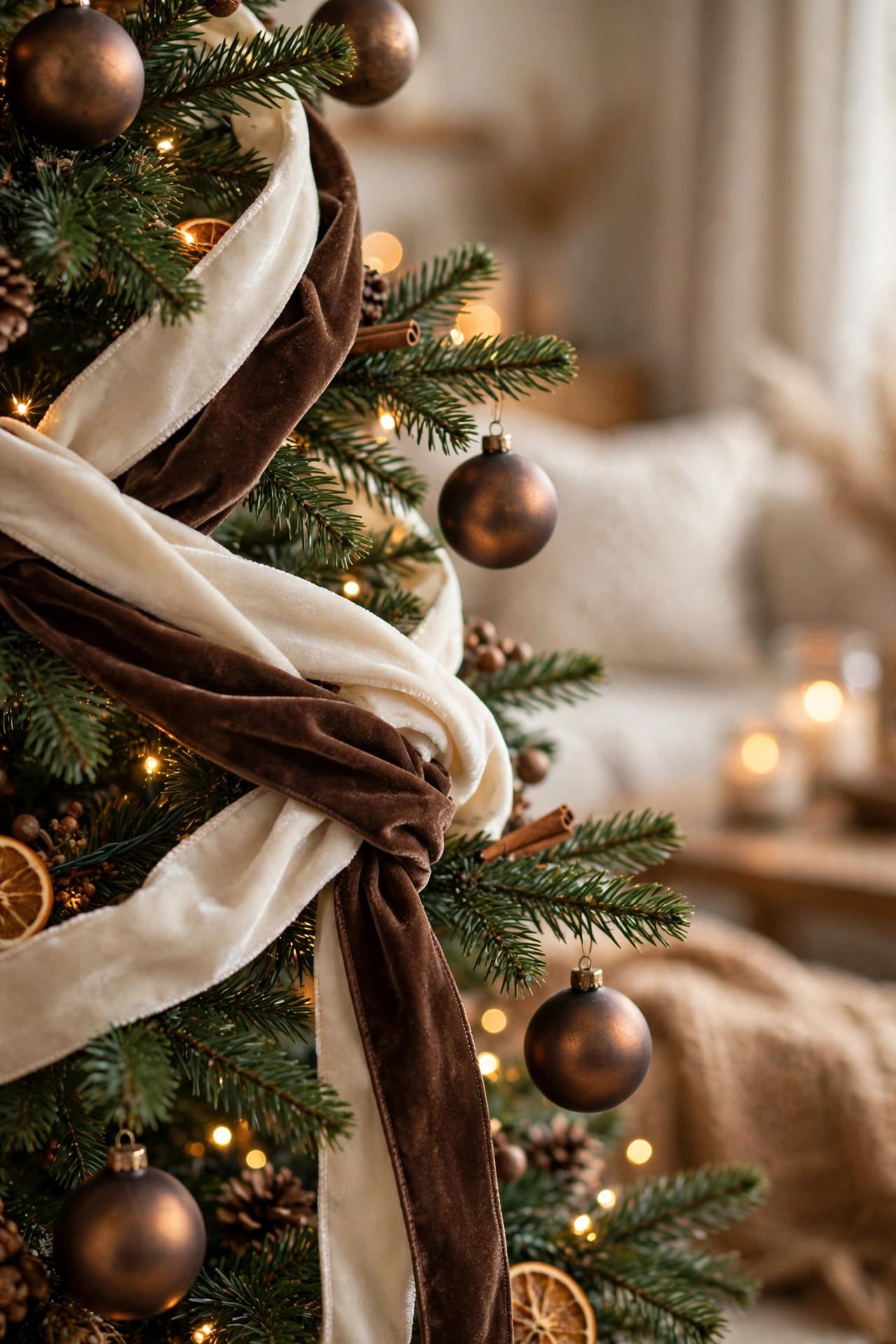 Christmas tree branches wrapped in wide cream velvet ribbon and chocolate ribbon with bronze baubles and warm fairy lights