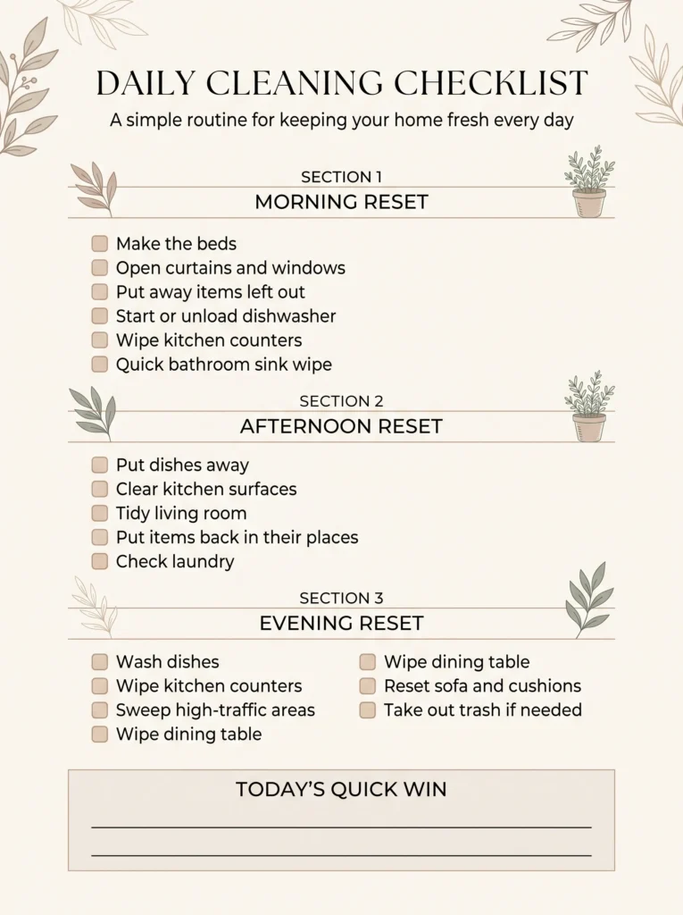 Daily cleaning checklist template with morning, afternoon, and evening household reset routines
