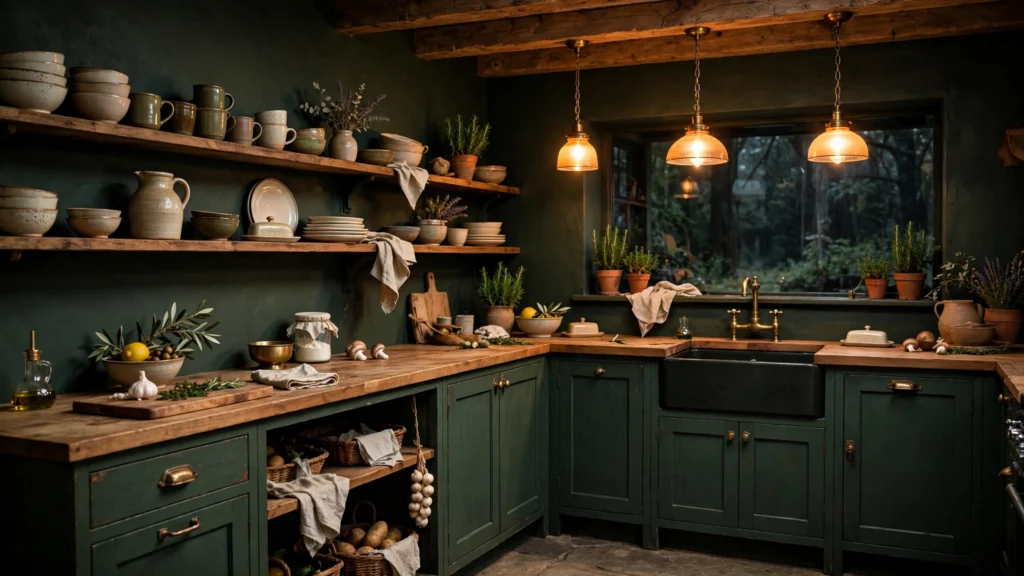 Moody dark green cottagecore kitchen with brass hardware, open wooden shelves, and warm pendant lighting