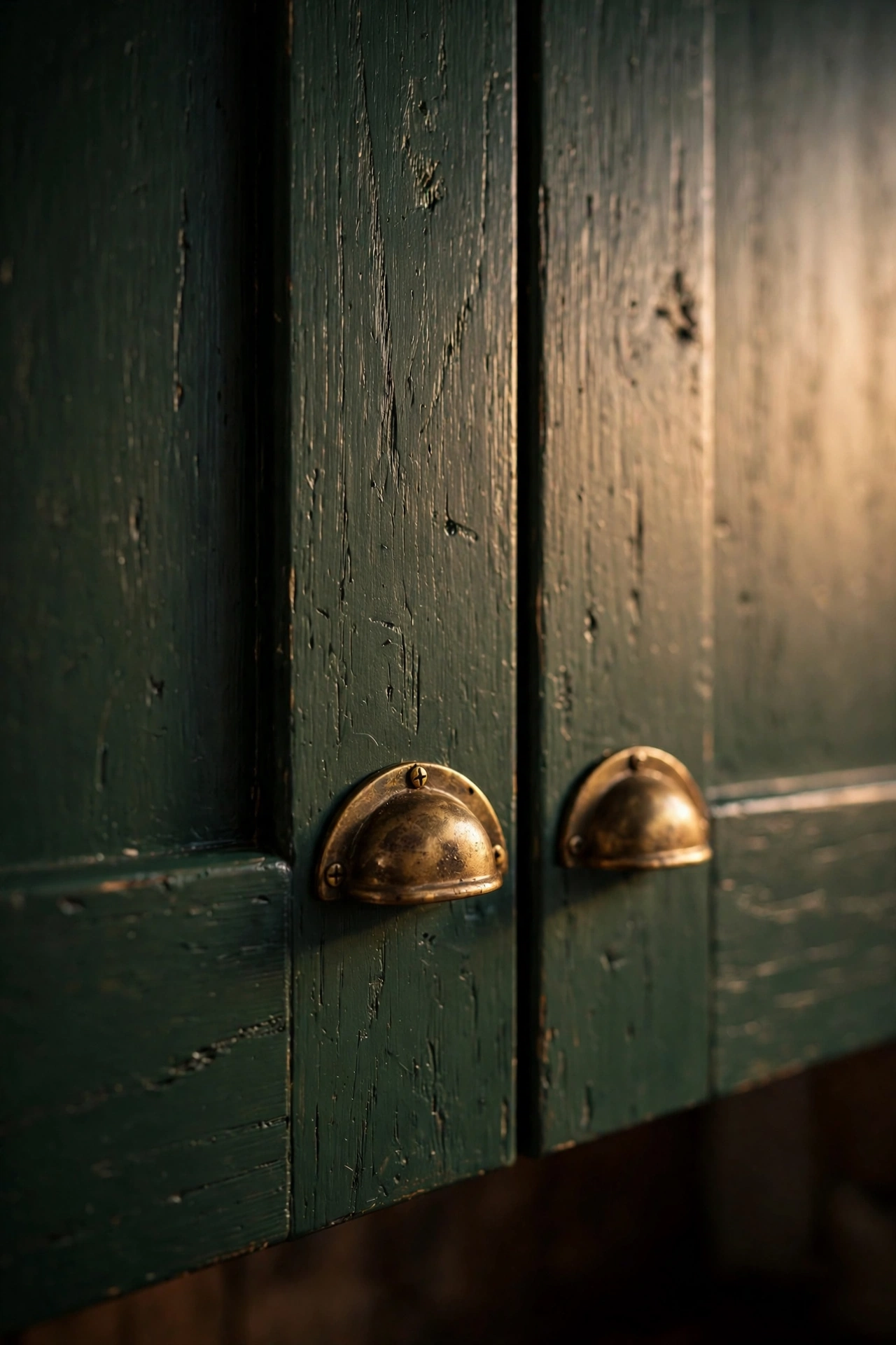 Dark forest green cottagecore kitchen cabinets with brass cup pulls and warm lighting