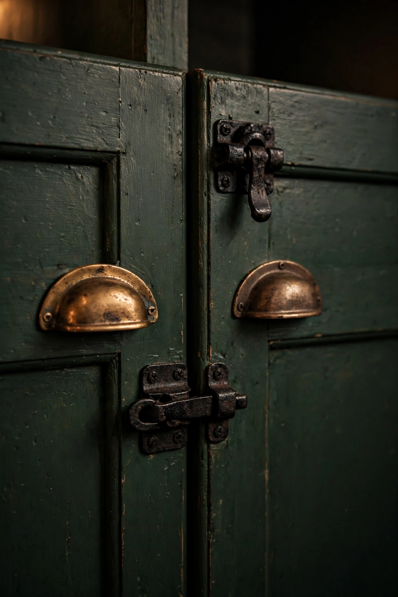 Close-up of dark green kitchen cabinet doors with aged brass cup pulls and black iron latches