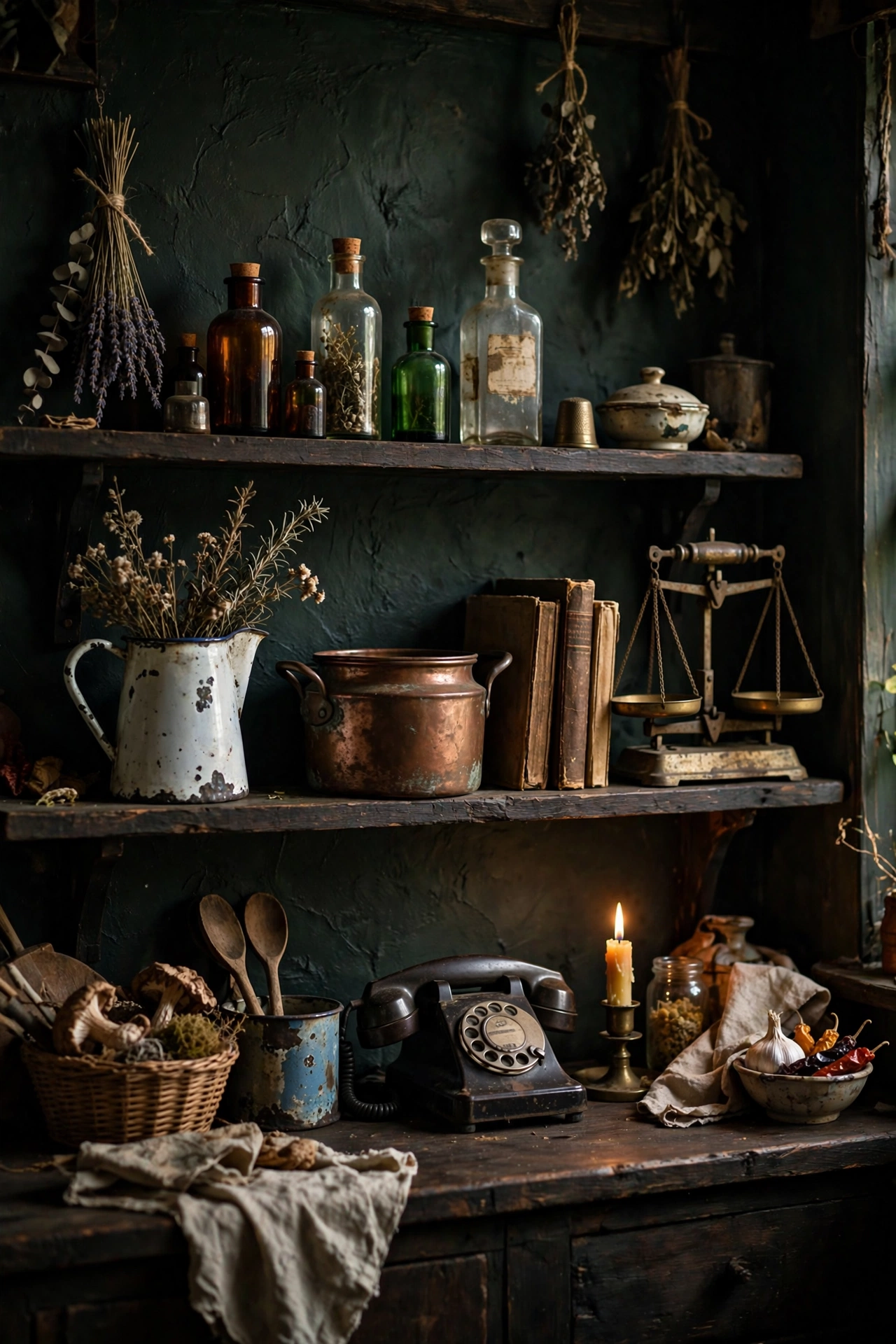 Thrifted vintage finds in a dark cottagecore kitchen, copper pot, enamel pitcher, apothecary bottles