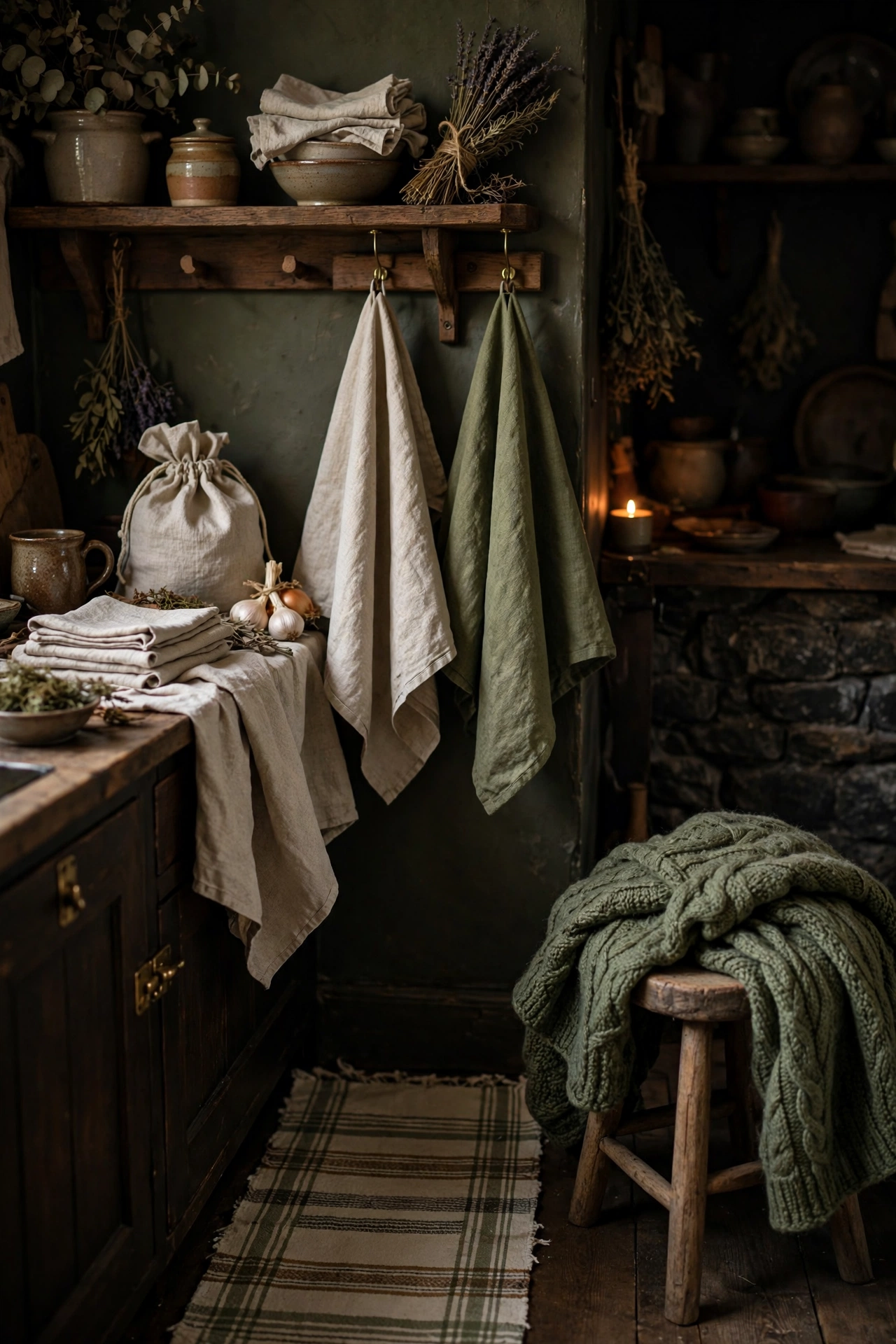 Natural linen textiles in oatmeal and moss tones warming up a dark cottagecore kitchen