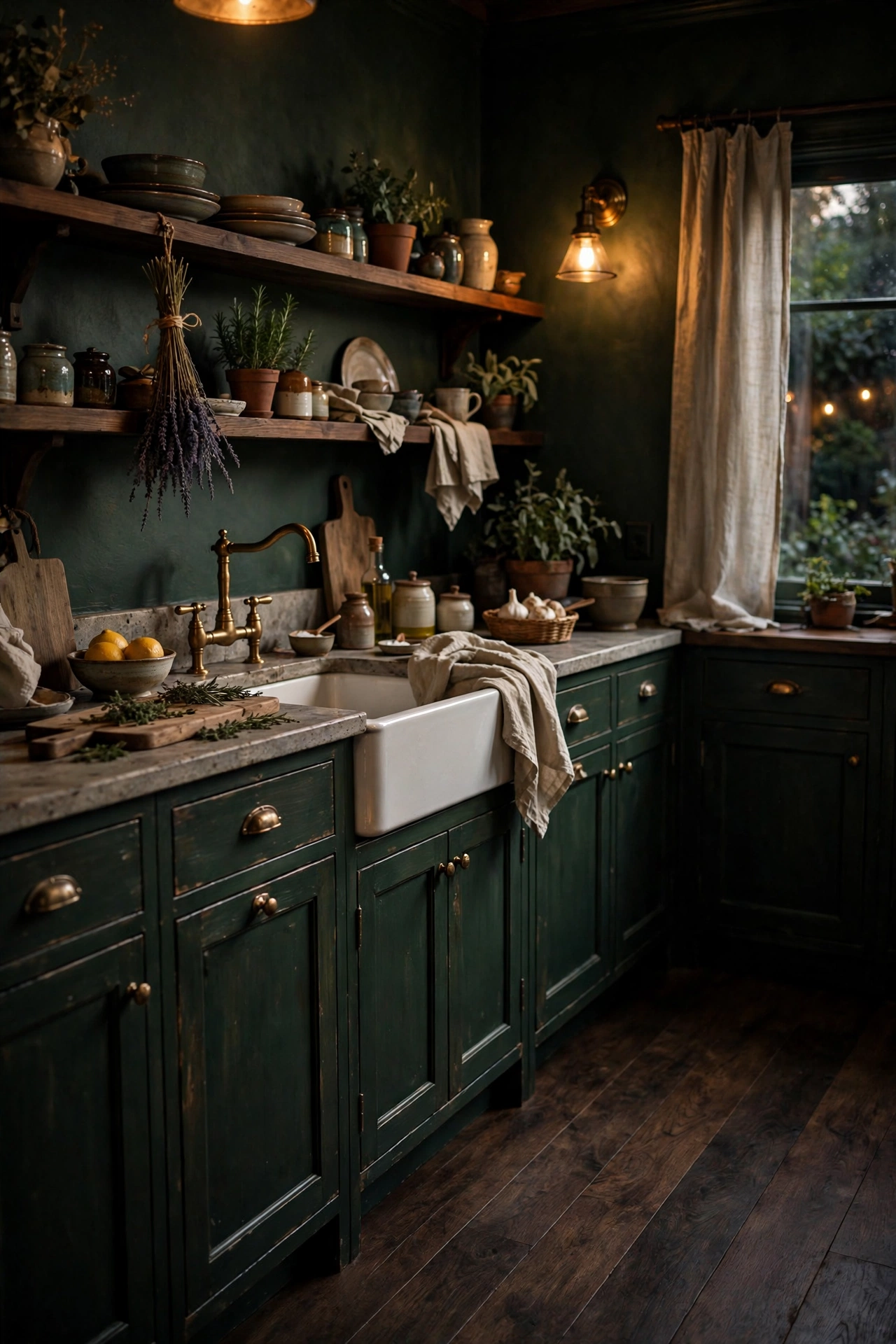 Dark walnut-stained wood floors in a moody dark green cottagecore kitchen
