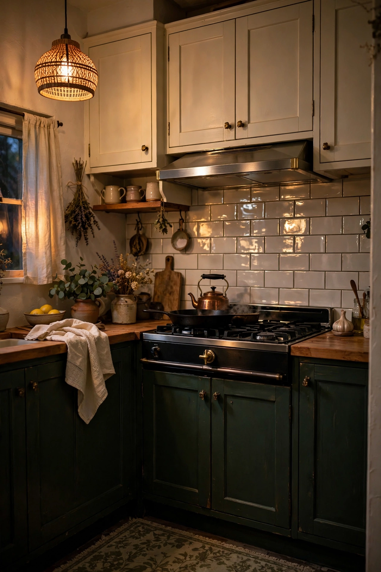 Small dark cottagecore kitchen with dark lower cabinets, cream uppers, and light-bouncing glossy tile