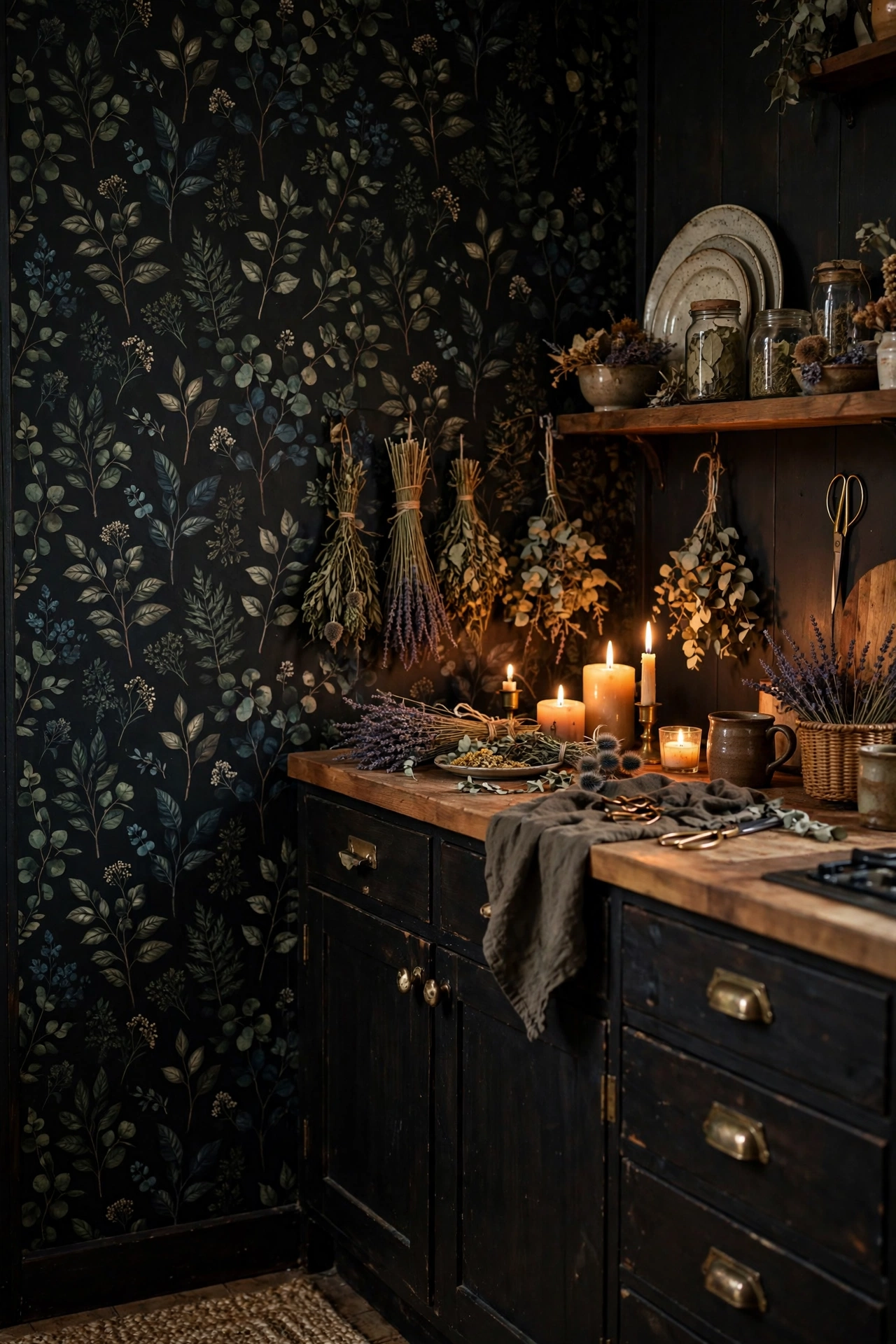 Budget dark cottagecore kitchen makeover with peel-and-stick botanical wallpaper and thrifted brass hardware
