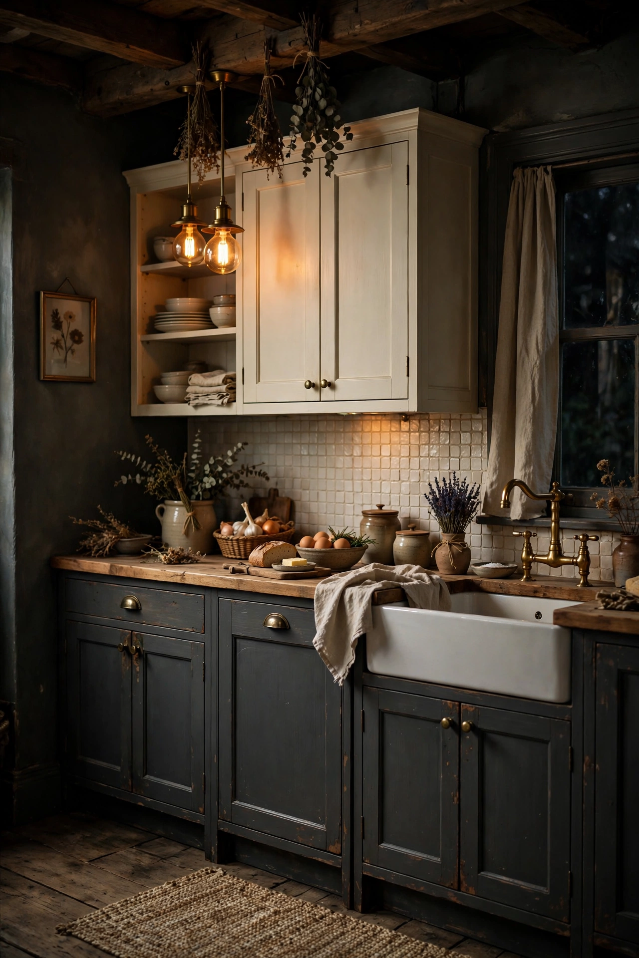 Dark kitchen with charcoal lower cabinets and cream upper cabinets, warm brass lighting