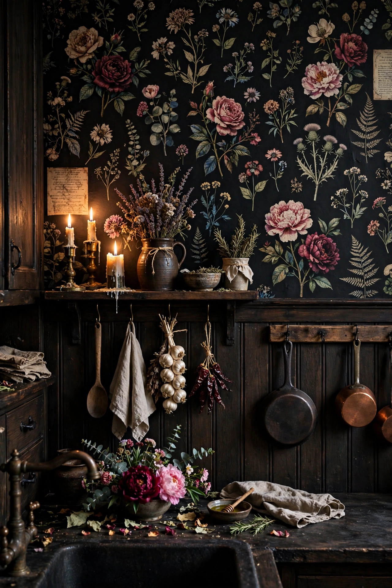 Moody dark floral wallpaper accent wall with botanical blooms on a near-black background