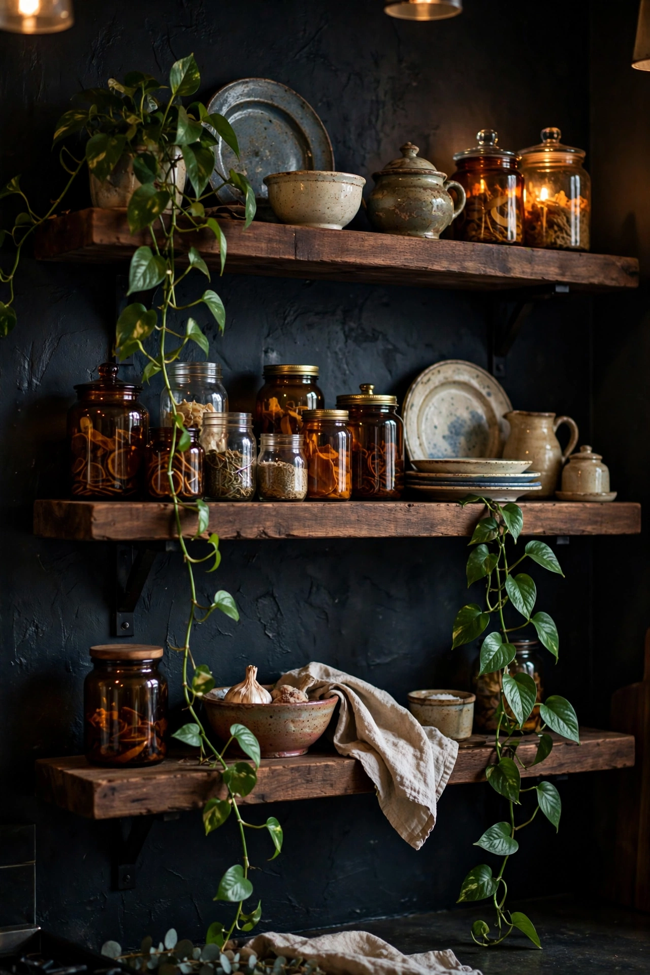 Dark kitchen with open wooden shelves styled with vintage ceramic dishes and trailing green plants