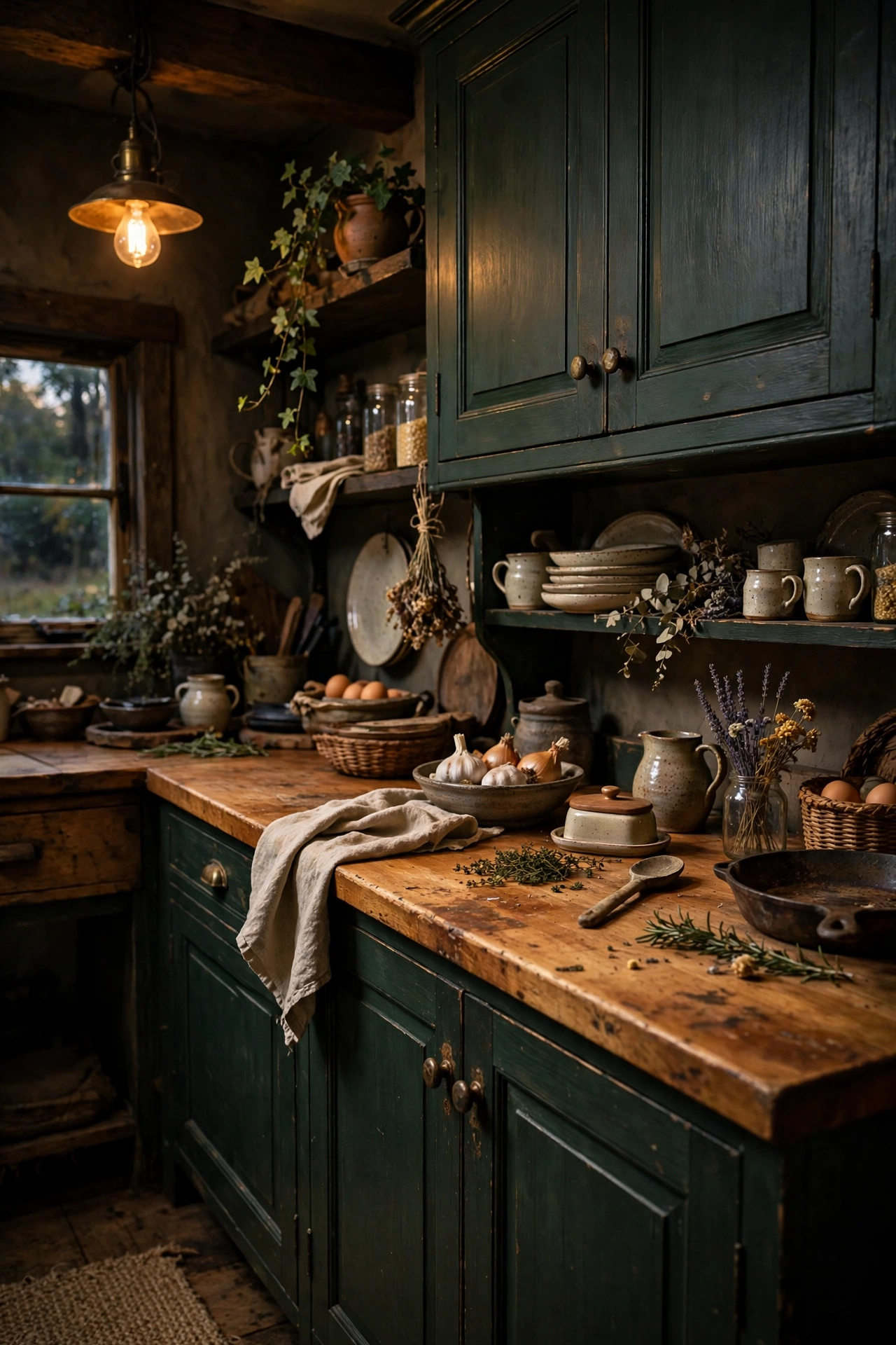Butcher block countertop with lived-in patina glowing against dark green cabinets