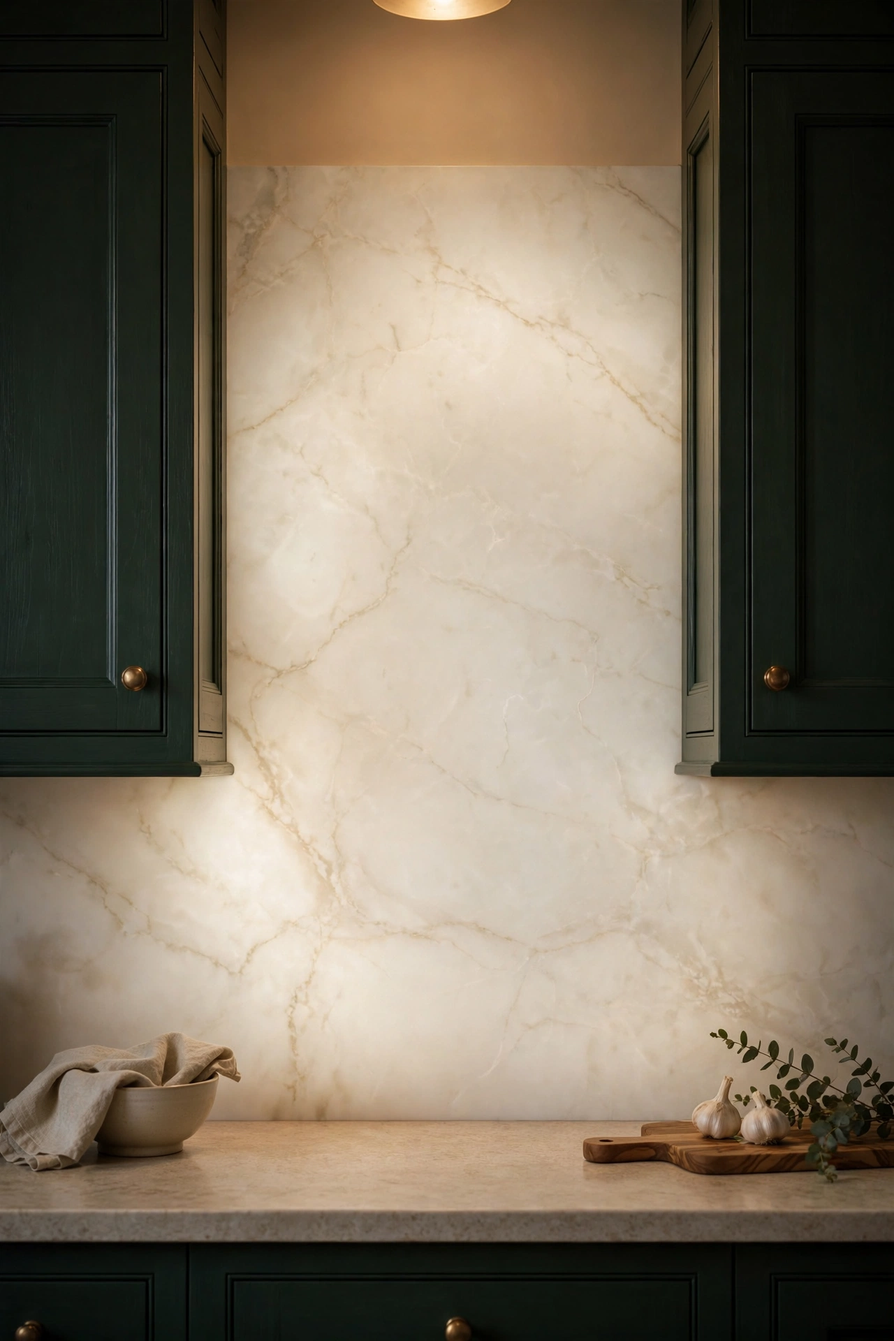 Cream marble backsplash with soft veining behind dark forest green kitchen cabinets