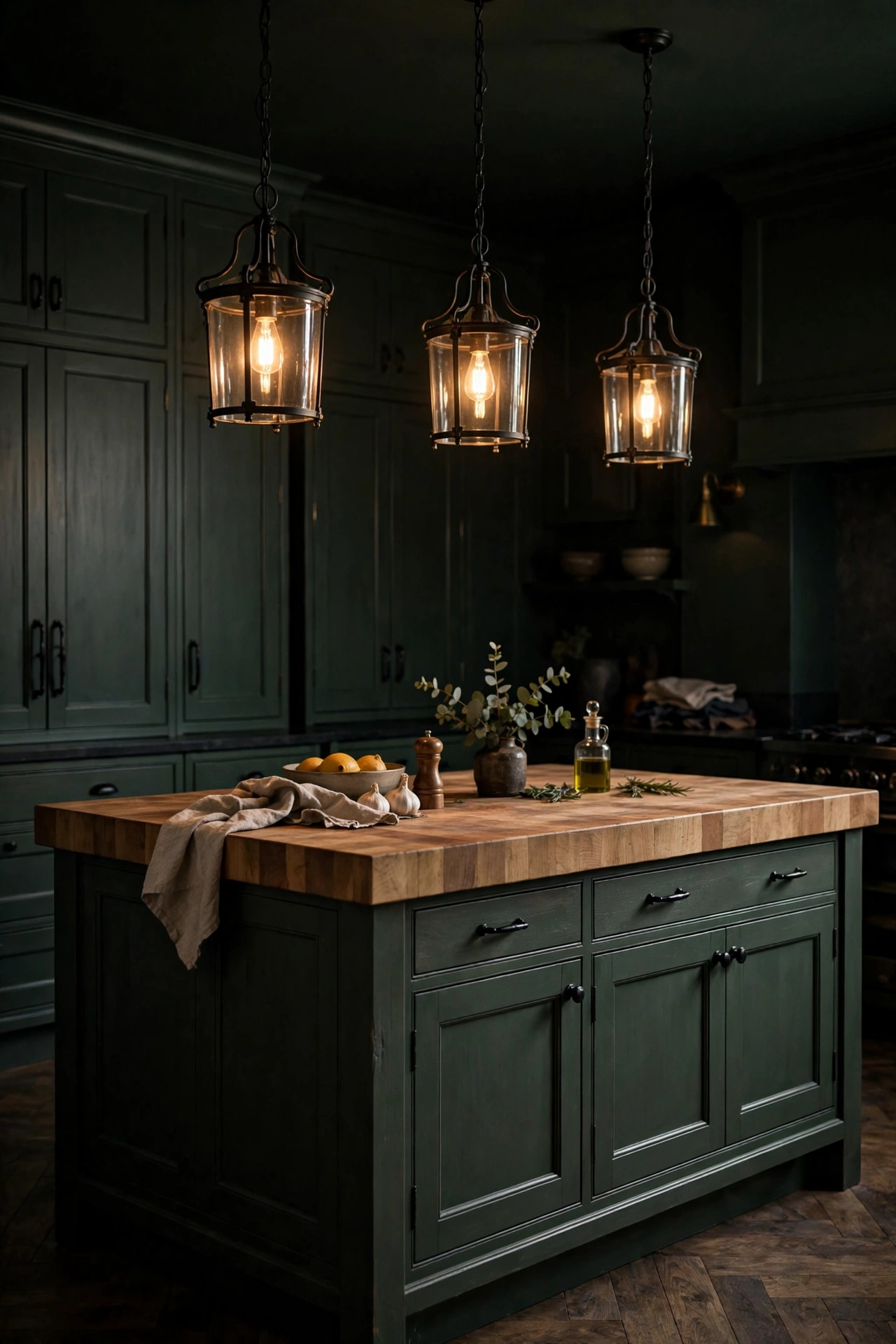 Wrought iron pendant lights glowing above a butcher block island in a moody dark kitchen