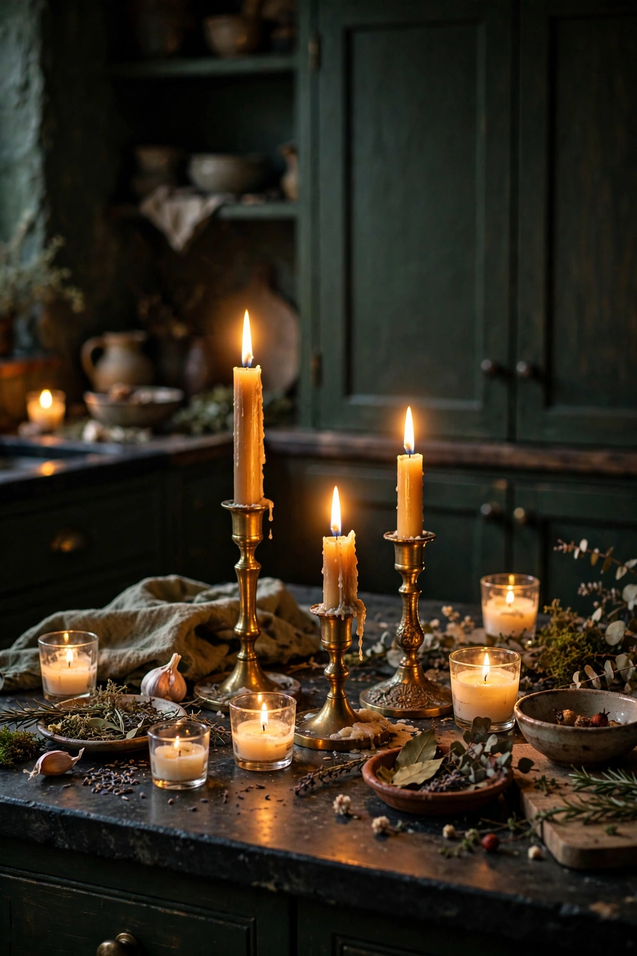 Lit candles in mismatched brass and glass holders on a dark cottagecore kitchen counter