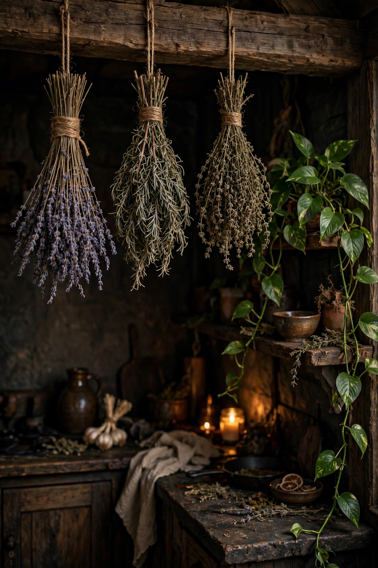 Bundles of dried lavender and herbs hanging from a wooden beam with trailing pothos plants