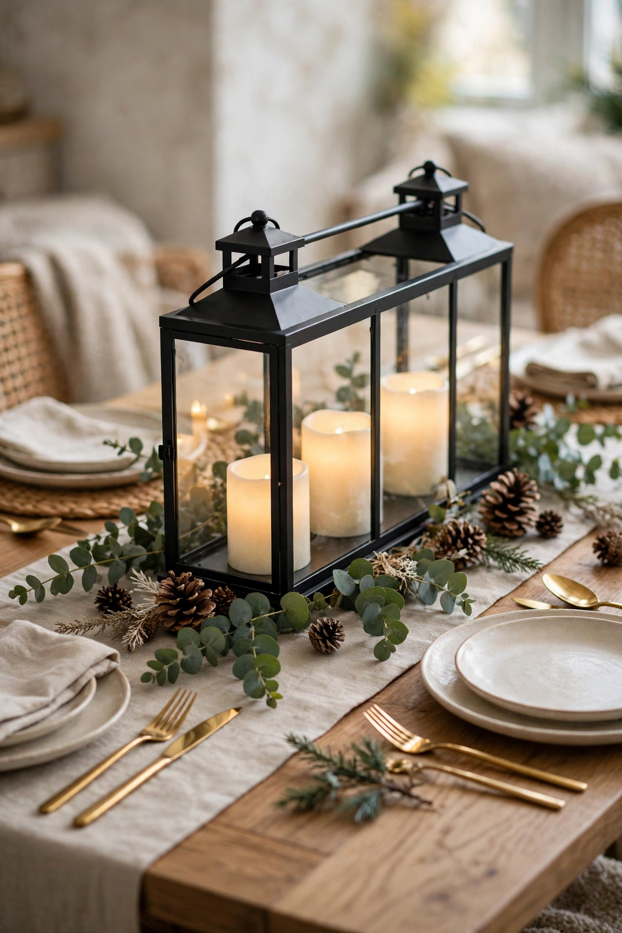 Christmas dining table centerpiece of a long lantern with glowing LED candles surrounded by eucalyptus sprigs and pinecones