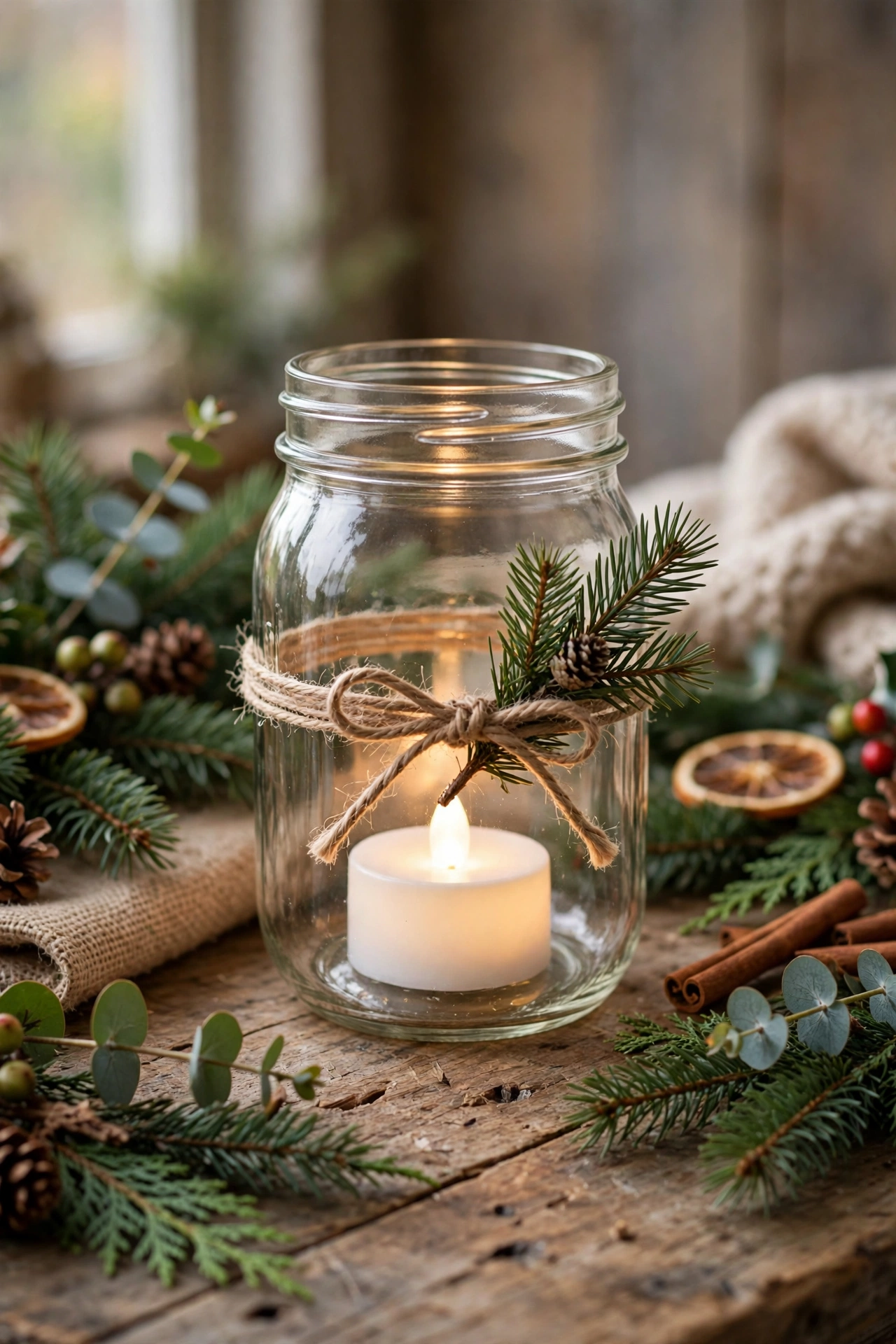 Homemade mason jar lantern with a glowing LED tea light inside, wrapped in twine and a sprig of pine