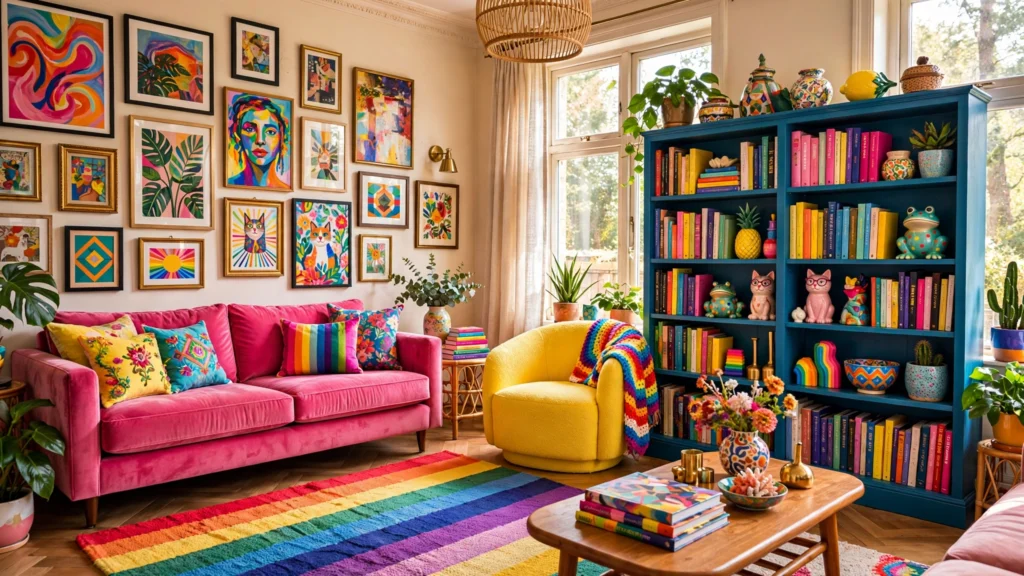 Joyful colorful maximalist living room with bold pink sofa, patterned rug, and eclectic gallery wall