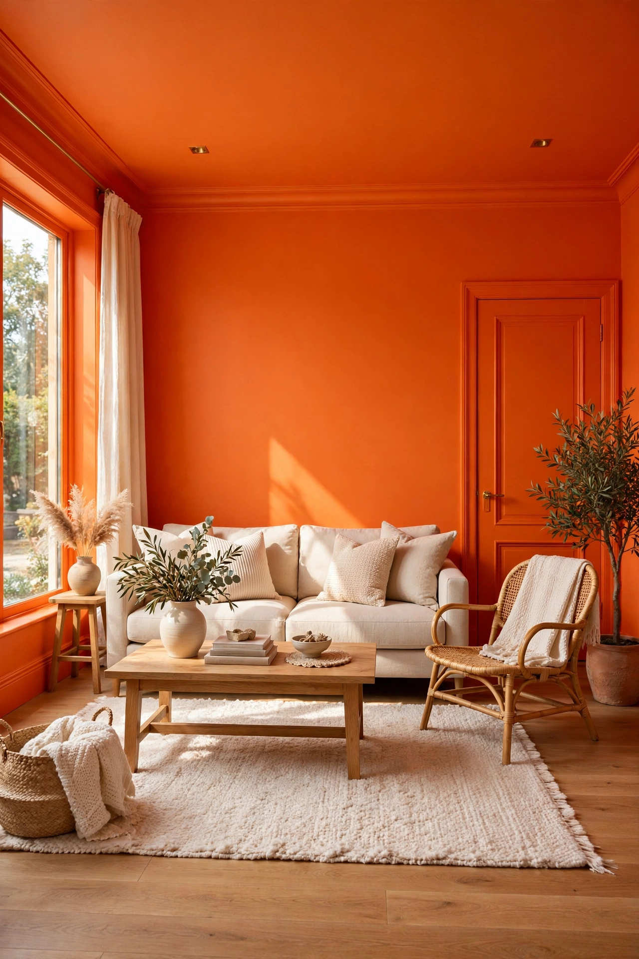 Color-drenched tangerine orange living room with matching walls, trim, and ceiling