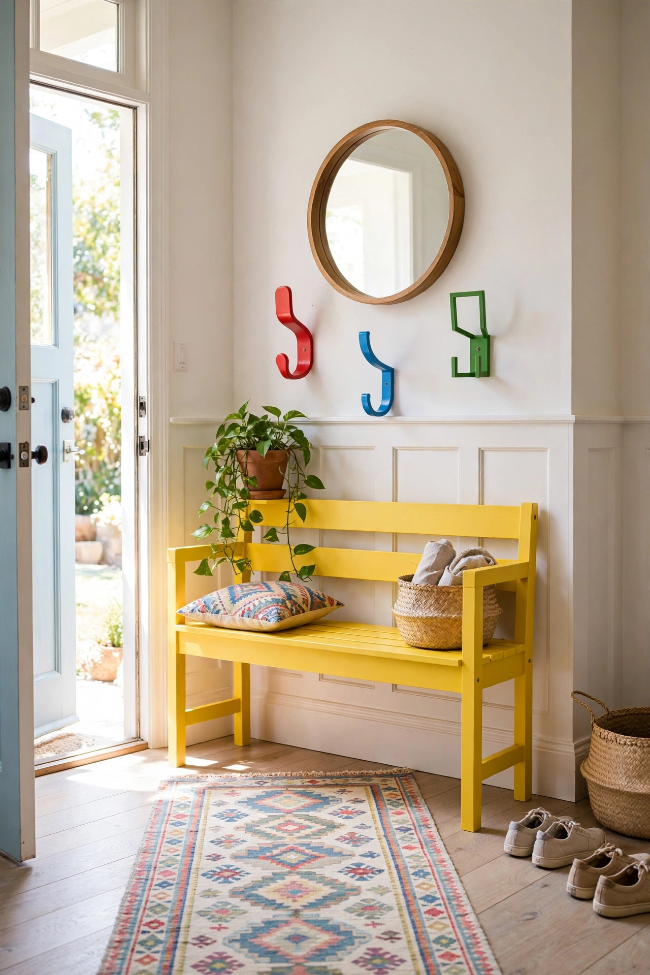 Happy colorful entryway with bright bench, mismatched hooks, and patterned runner