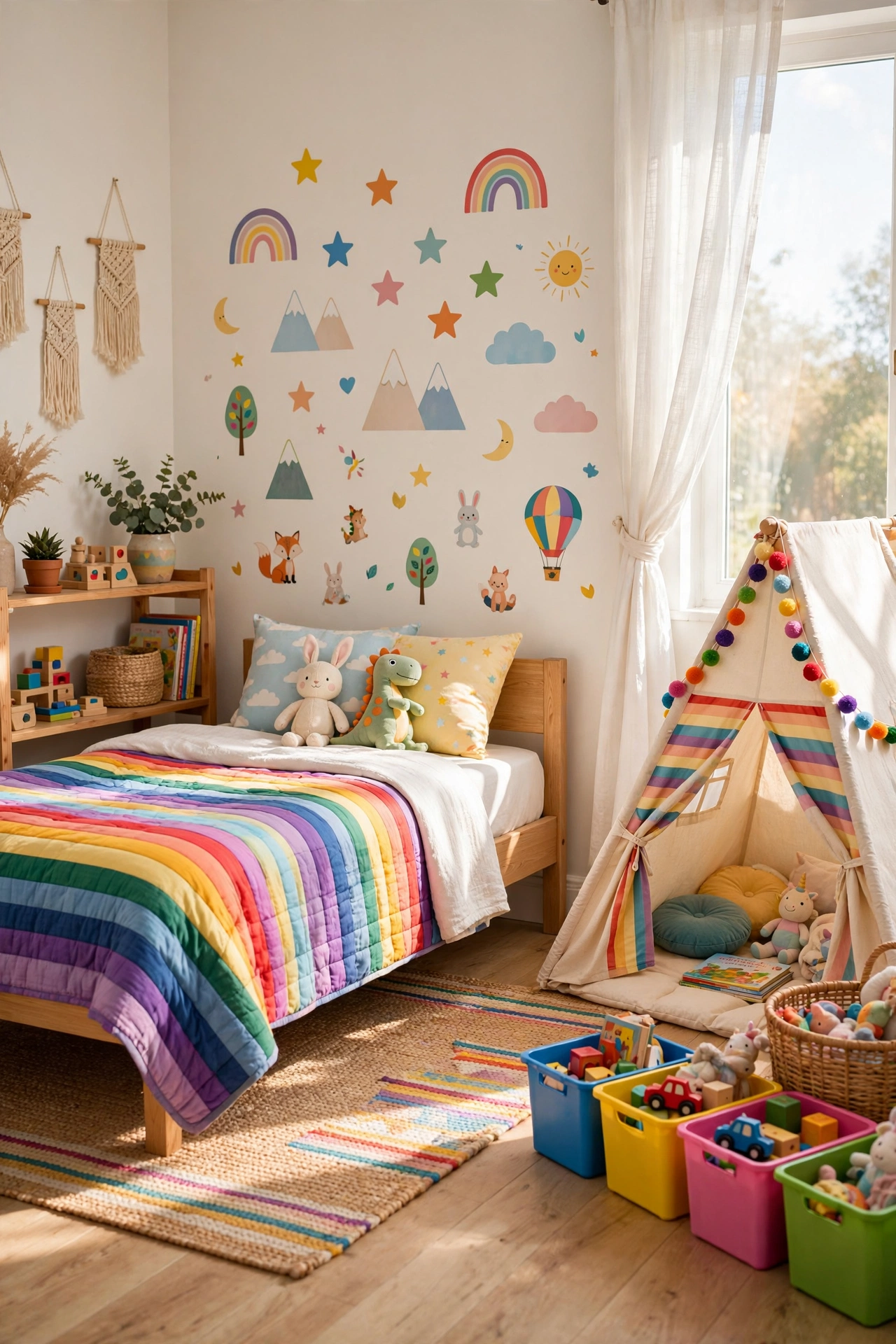 Joyful kids' bedroom with rainbow bedding, colorful wall decals, and reading tent