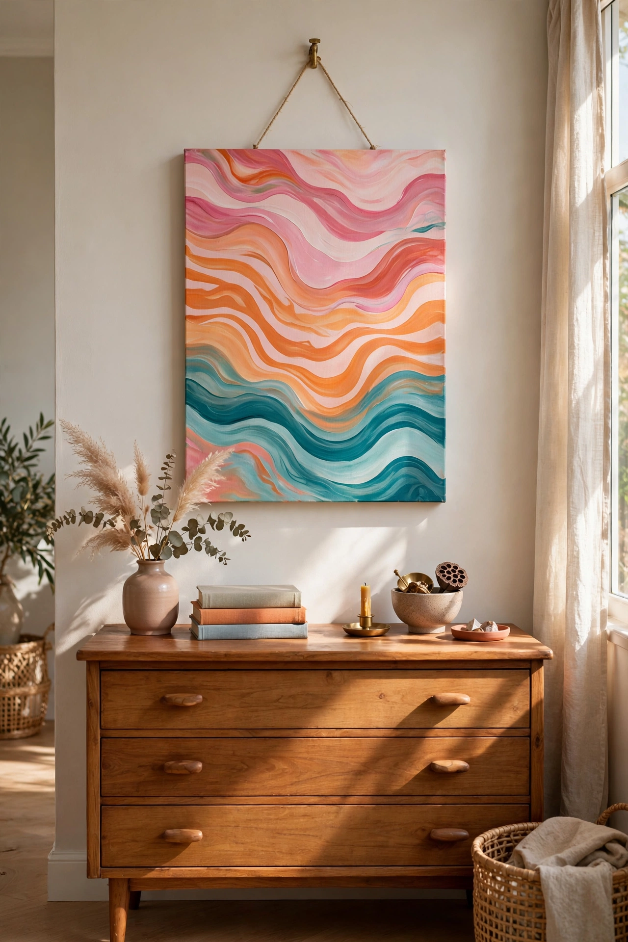 Hand-painted abstract DIY canvas art with wavy colorful shapes above a dresser