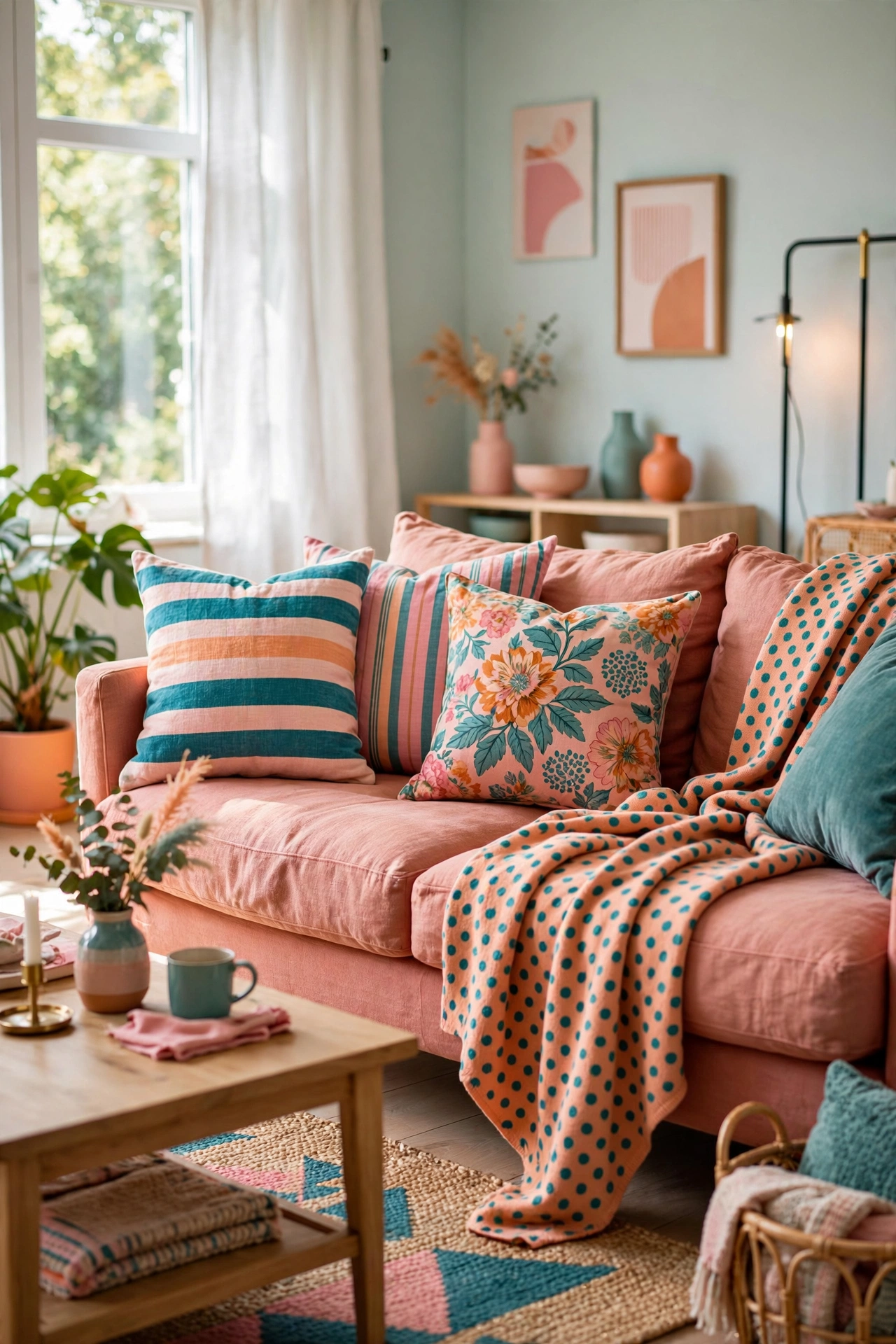 Sofa with intentionally clashing striped, floral, and polka-dot throw pillows