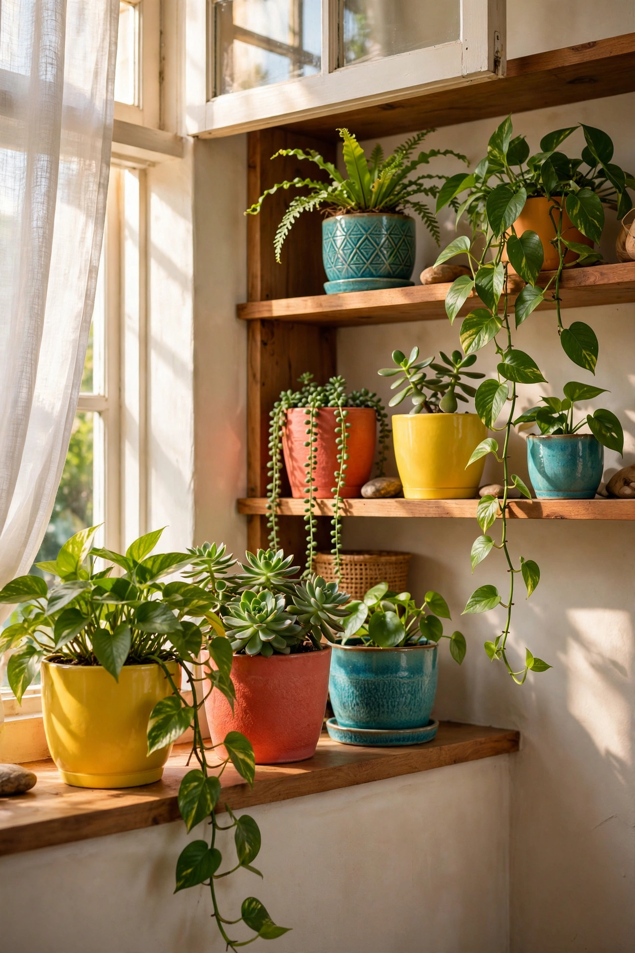 Indoor plants in colorful pots clustered on a sunny windowsill and shelves