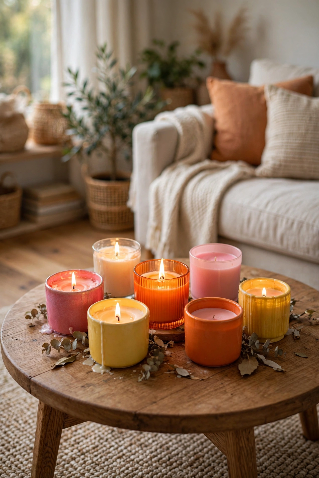 Collection of colorful scented candles lit on a coffee table in a cozy room