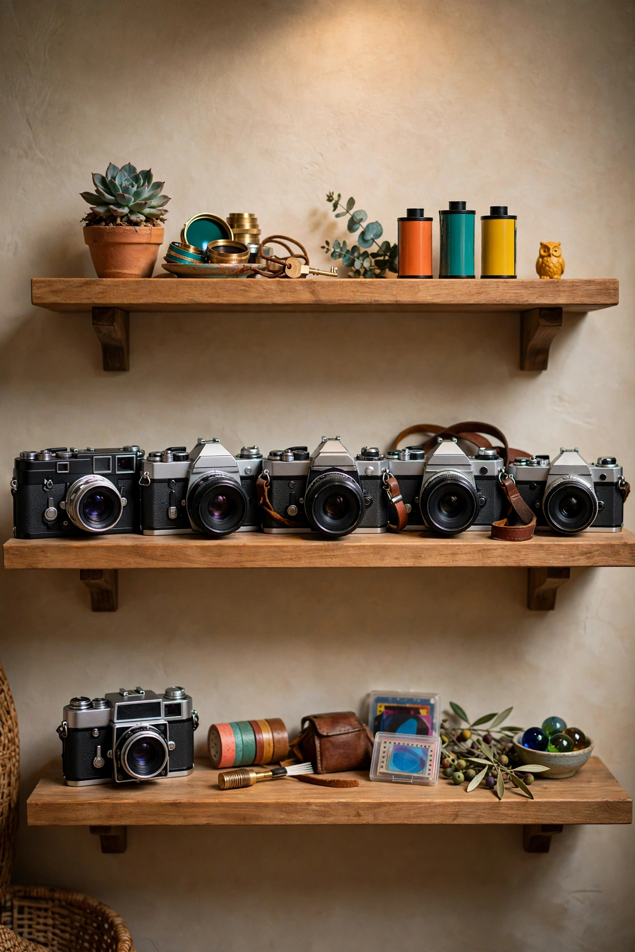 Personal collection of vintage cameras displayed on styled wooden shelves