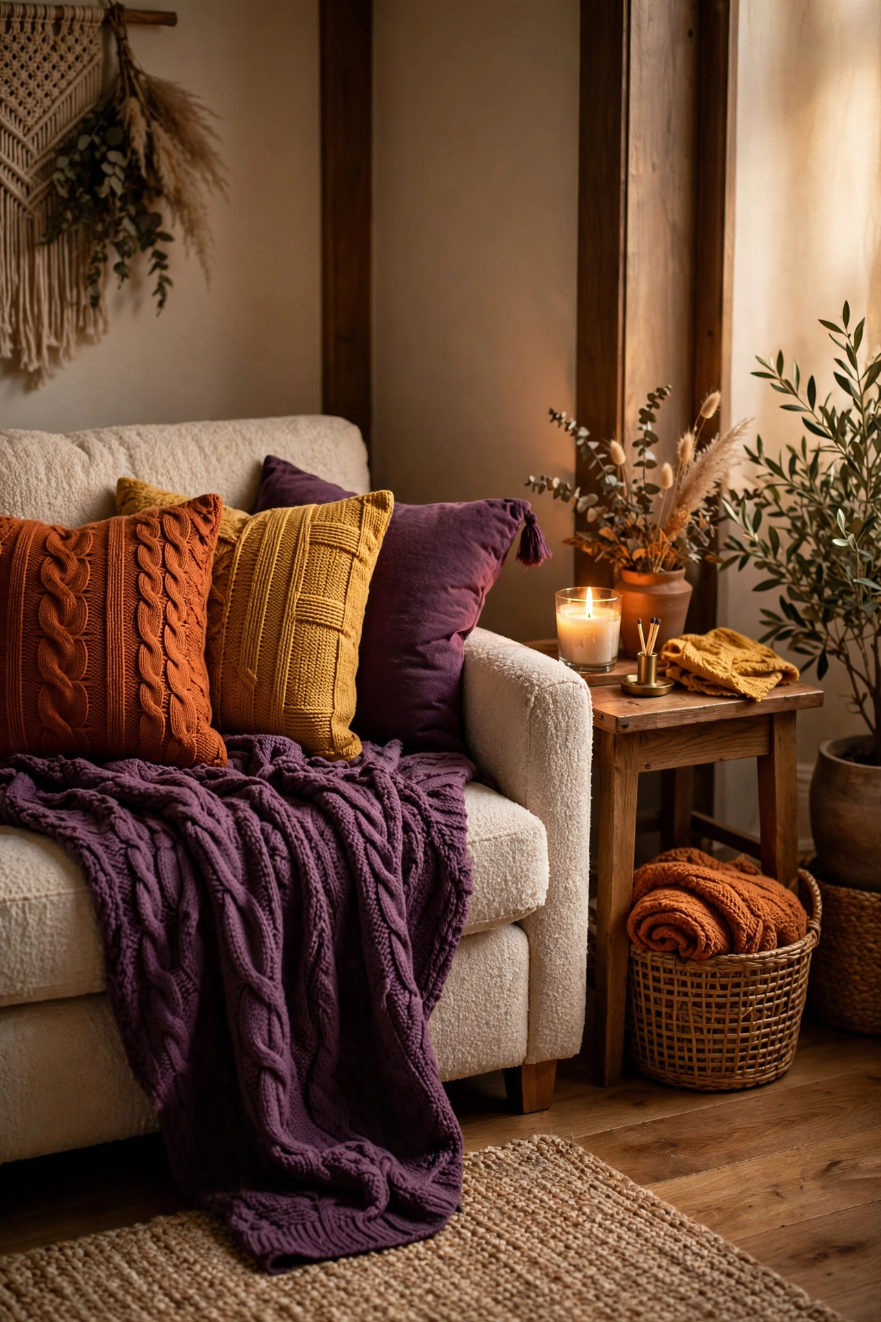 Cozy living room with seasonal throw pillows and blankets in warm autumn colors