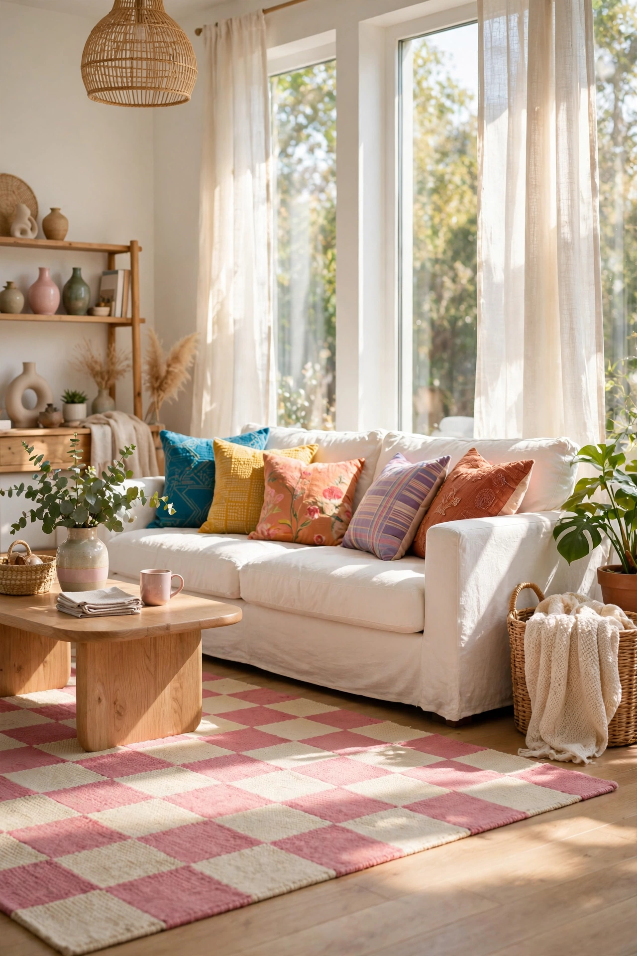 Colorful checkerboard area rug in a bright living room with white sofa