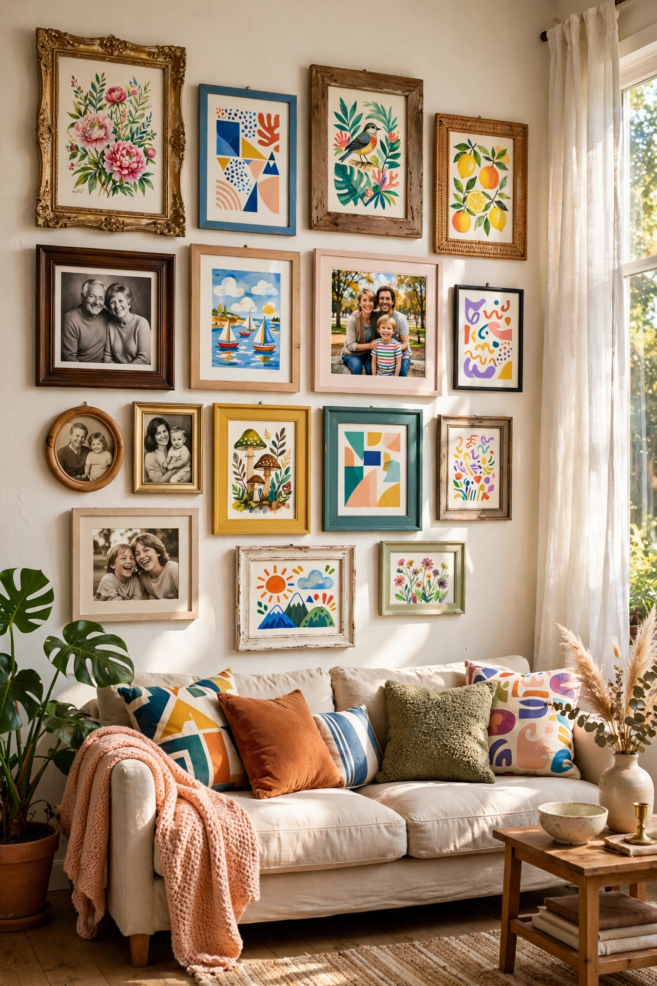 Eclectic gallery wall with colorful art prints, photos, and thrifted frames