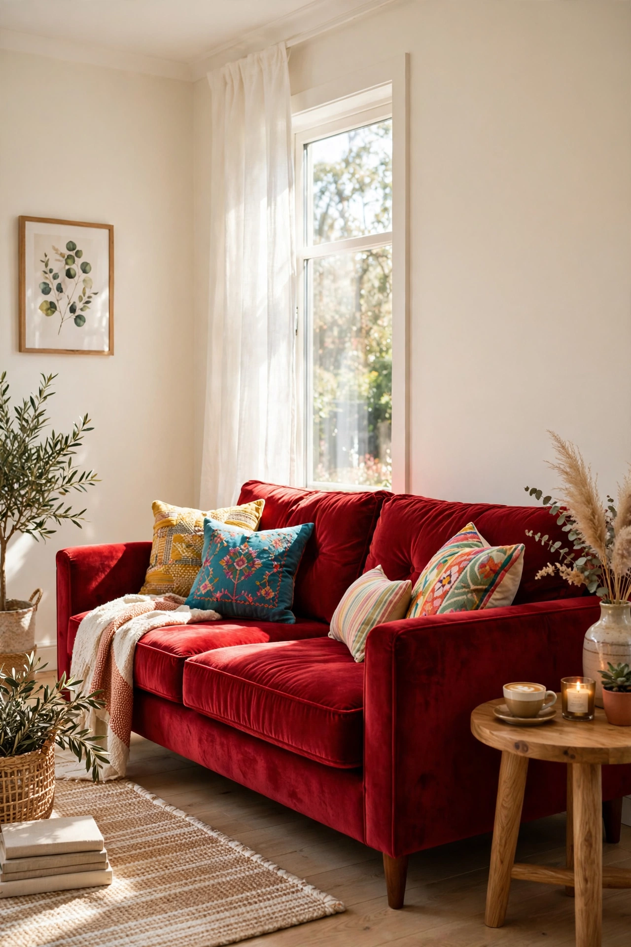 Cherry red velvet sofa as statement piece in a bright living room