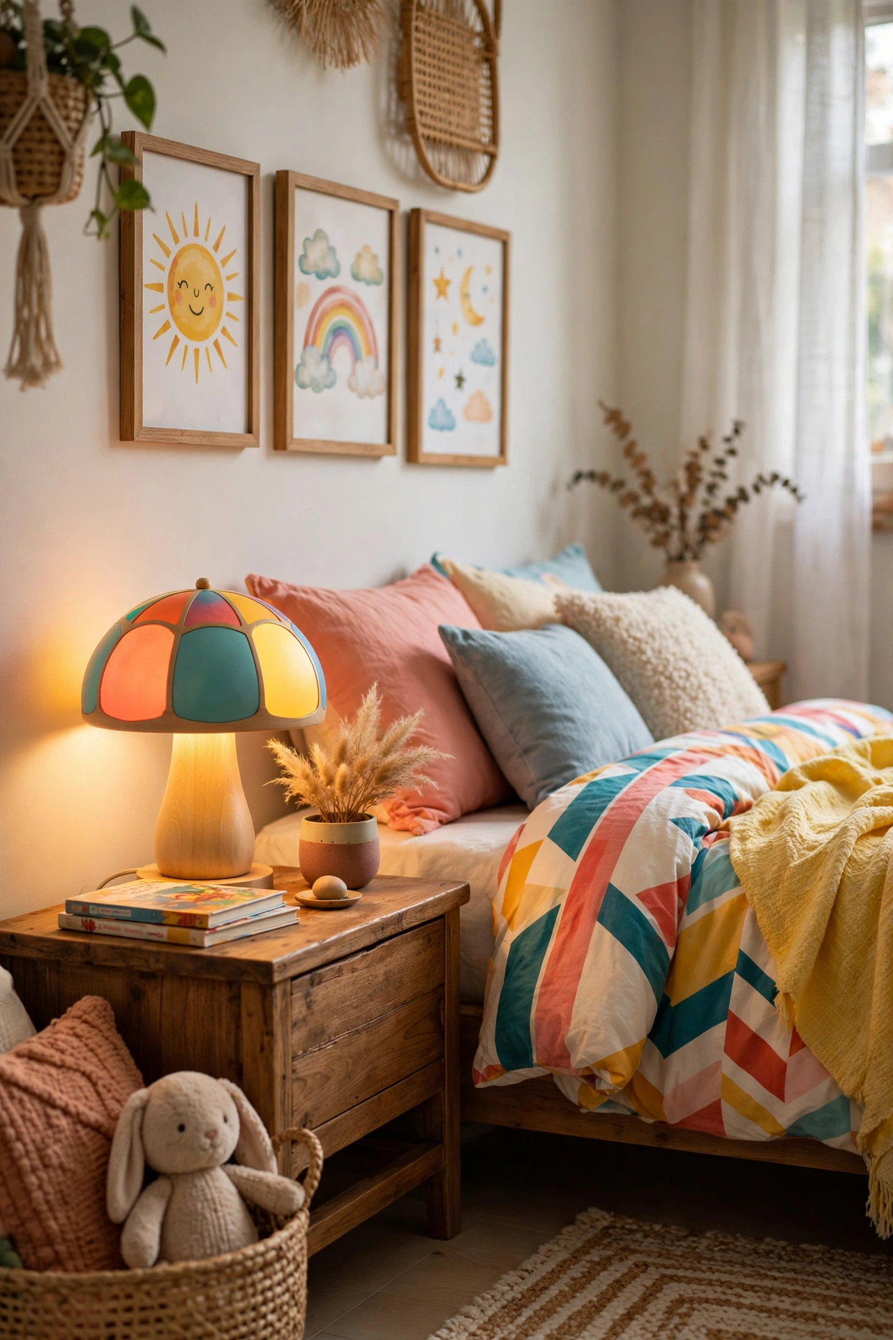 Colorful mushroom table lamp glowing on a side table in a playful bedroom