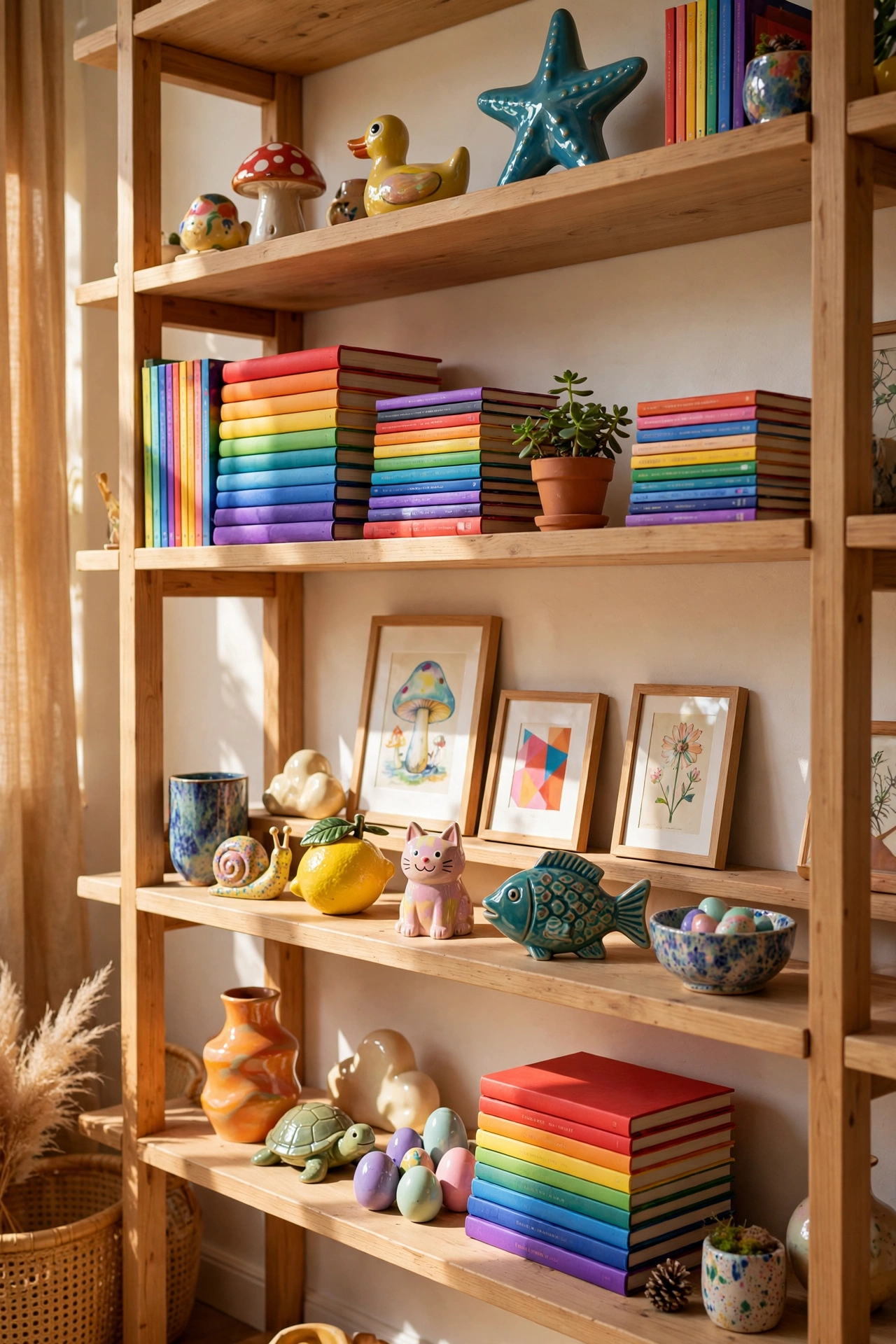 Maximalist open shelves styled with colorful ceramics, books, and small art