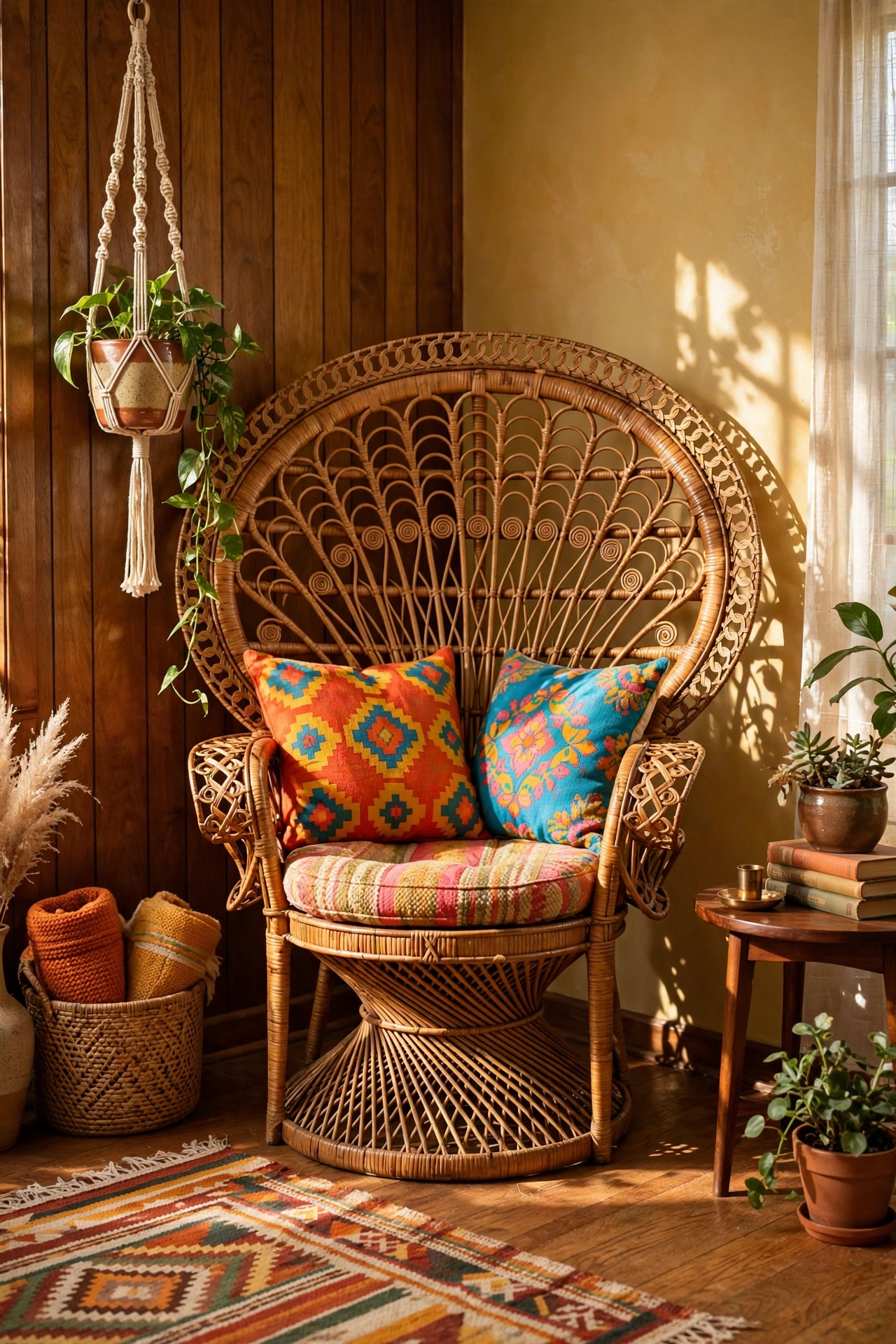 Retro 1970s rattan chair with colorful cushions in a sunlit corner
