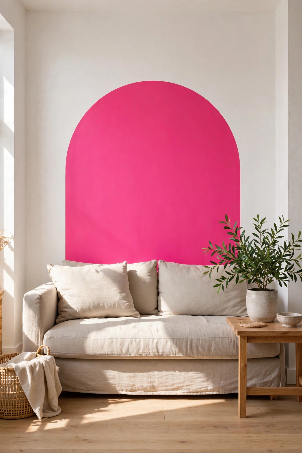 Living room wall with bold pink color-block arch behind a neutral sofa