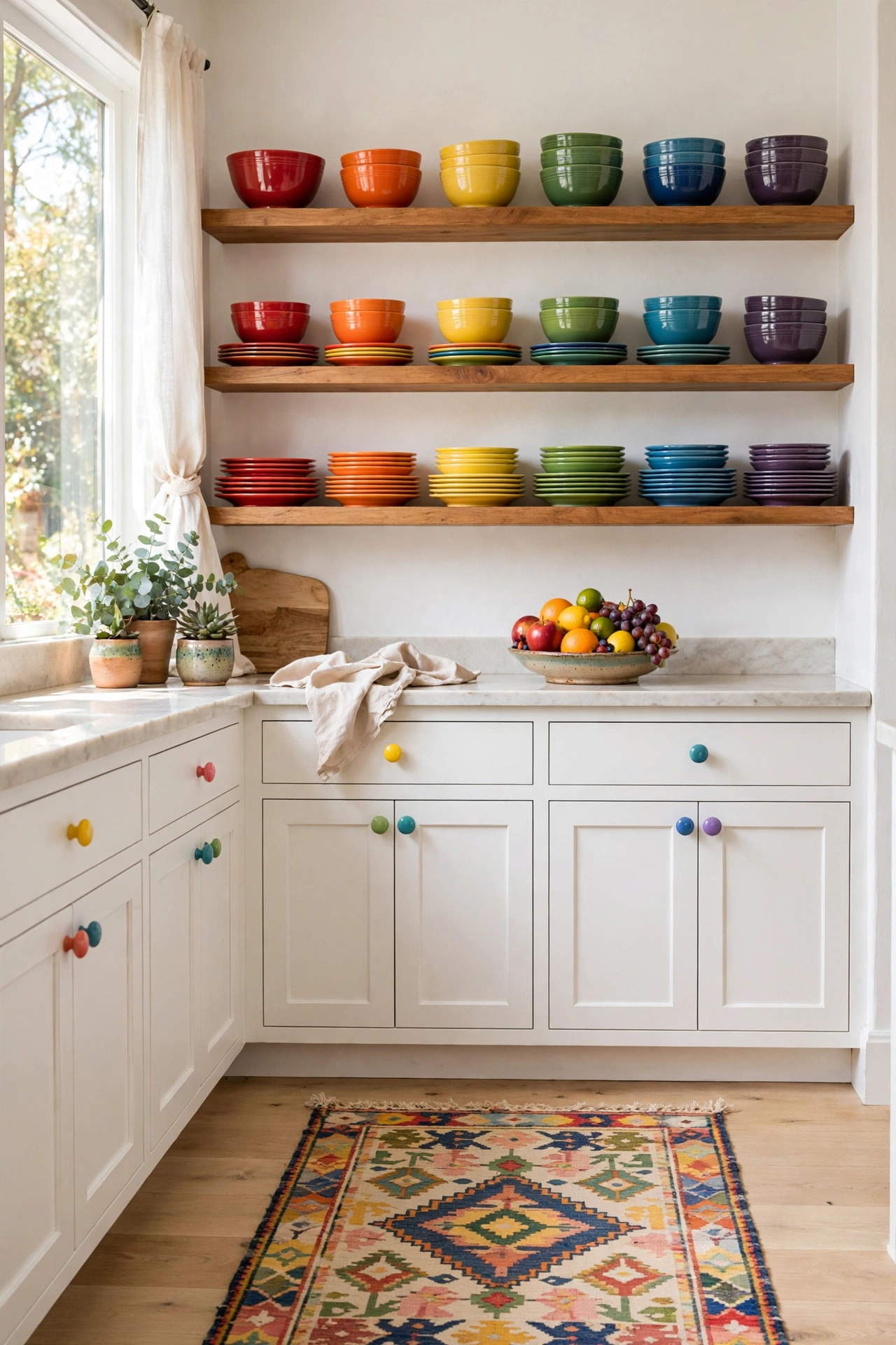 Cheerful kitchen with colorful dishware on open shelves and patterned runner rug