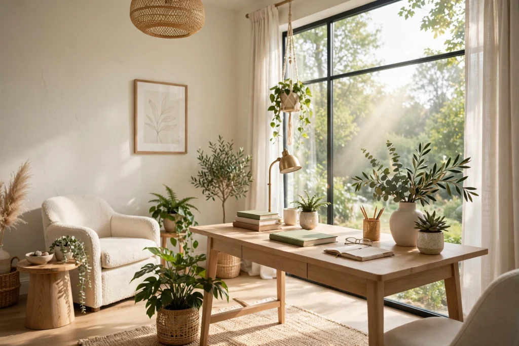 Bright dreamy home office with a large window, elegant desk, plants, and soft daylight