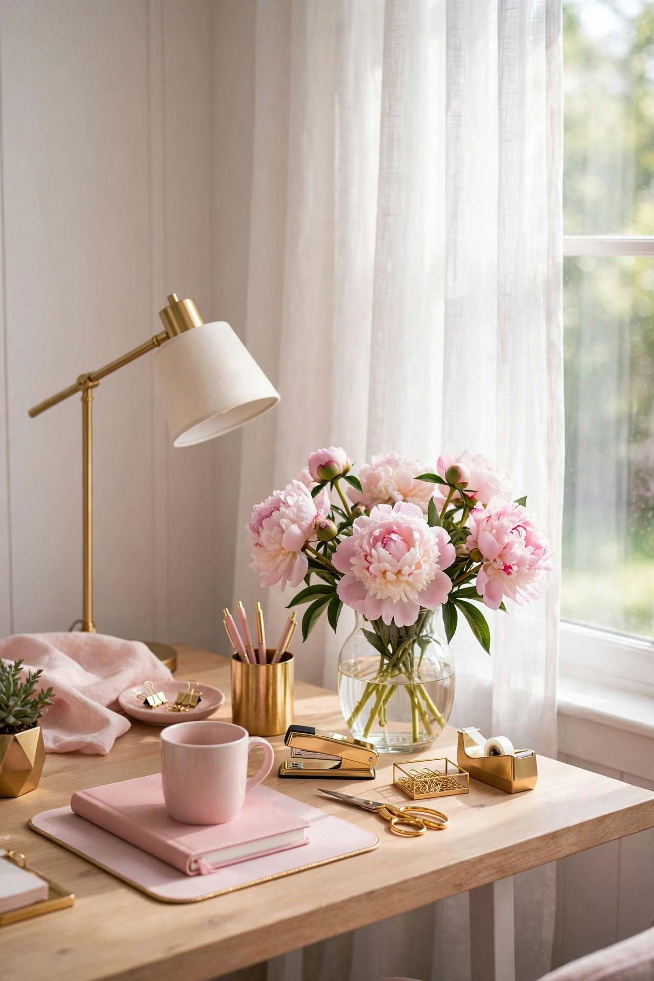 Feminine home office desk with flowers and gold accents placed by a bright window