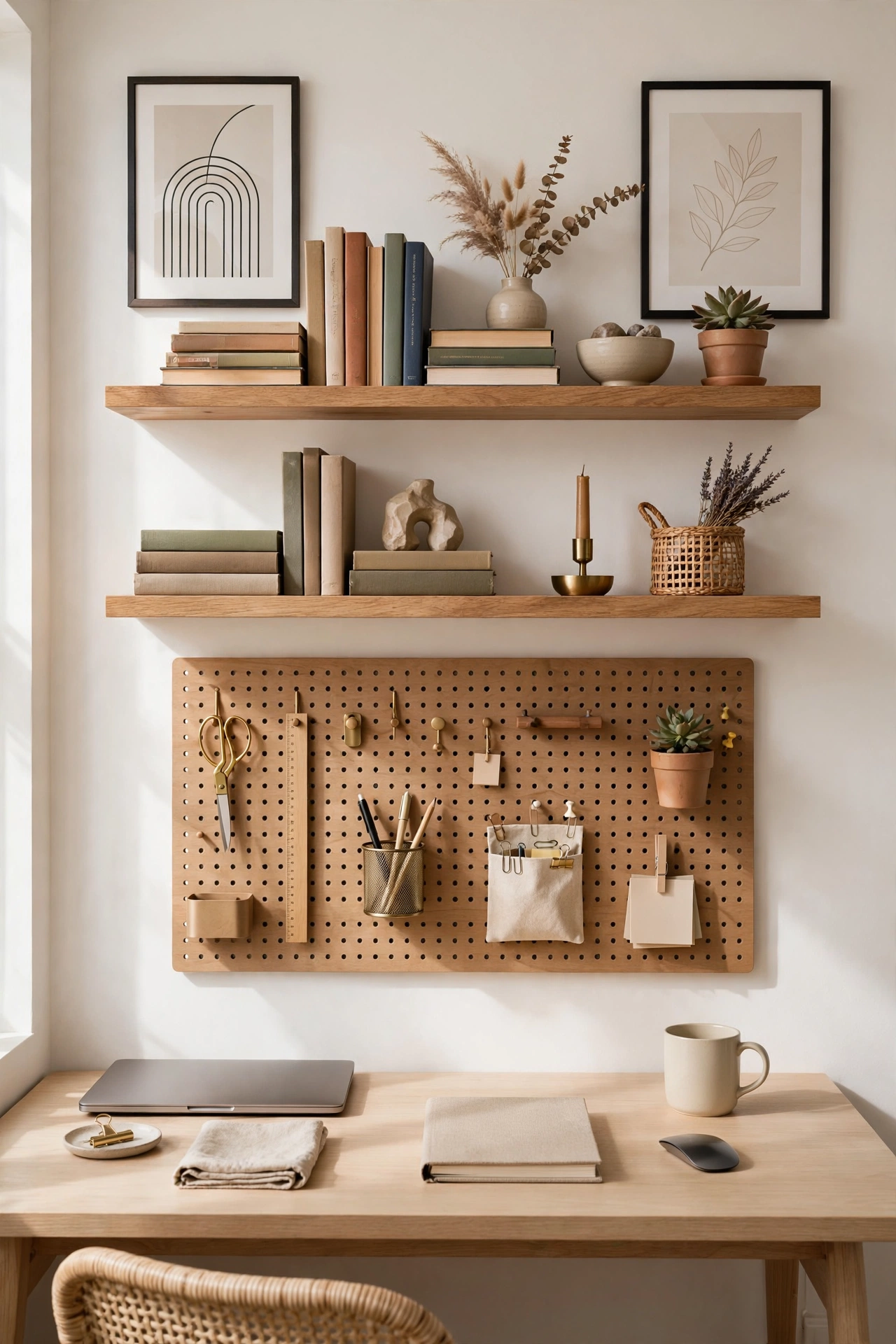 Organized home office wall with floating shelves, art, and a cable-free desk