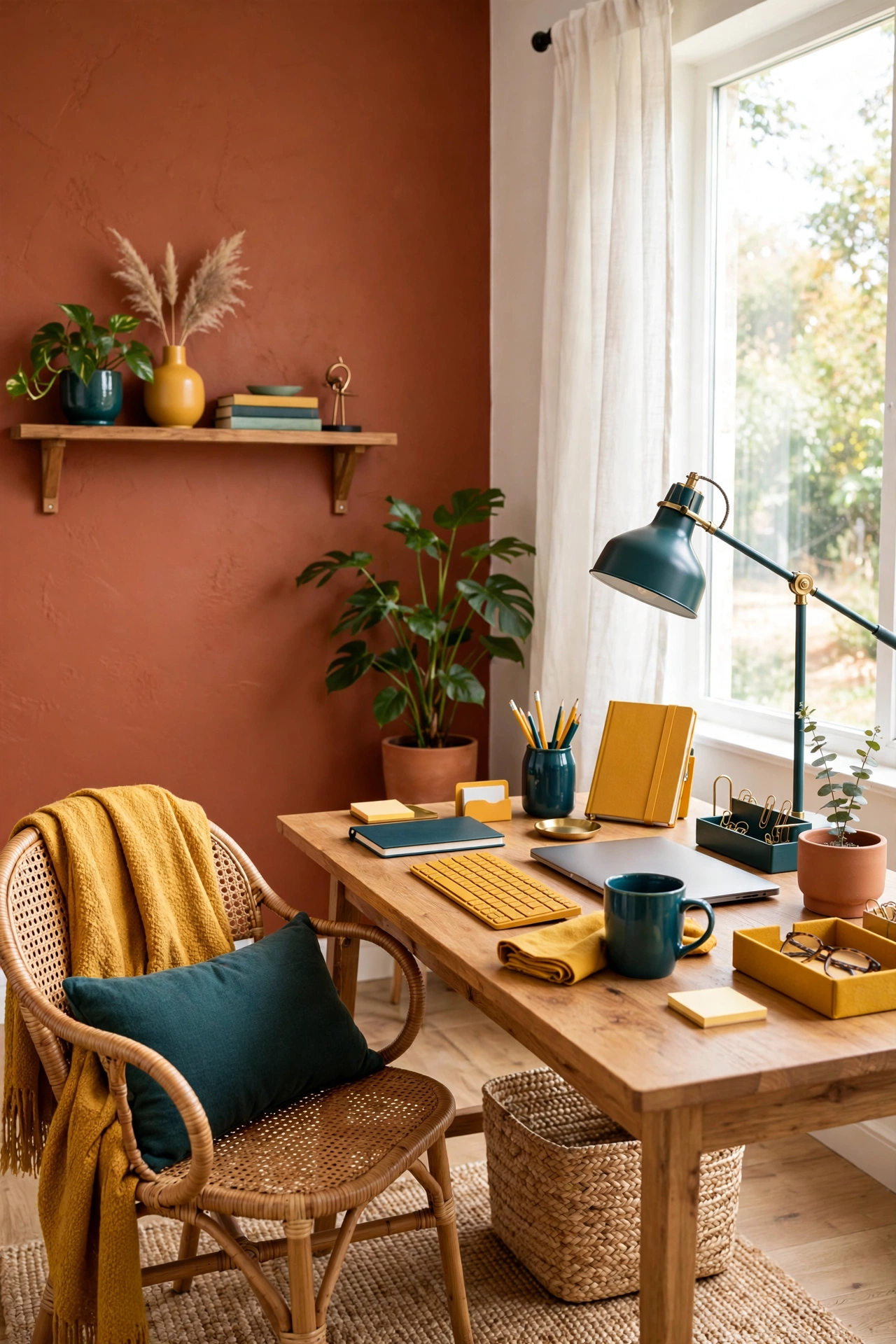 Home office with a terracotta accent wall and warm colored desk accessories