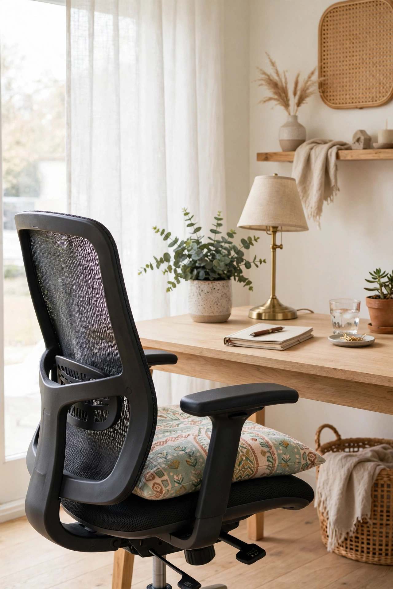 Ergonomic home office chair with lumbar support and a pretty cushion at a desk