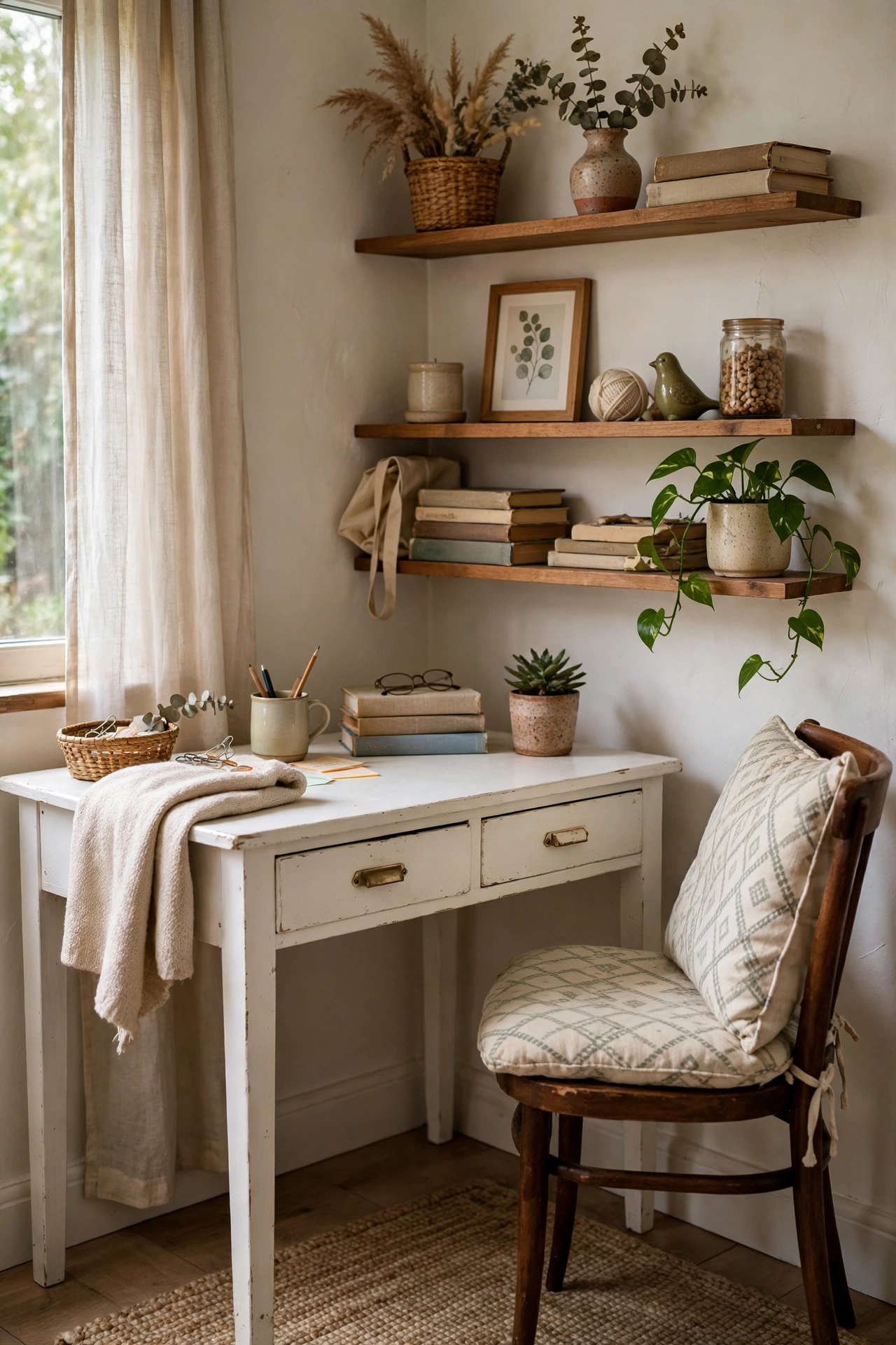 Budget thrifted home office with a secondhand desk styled with decor