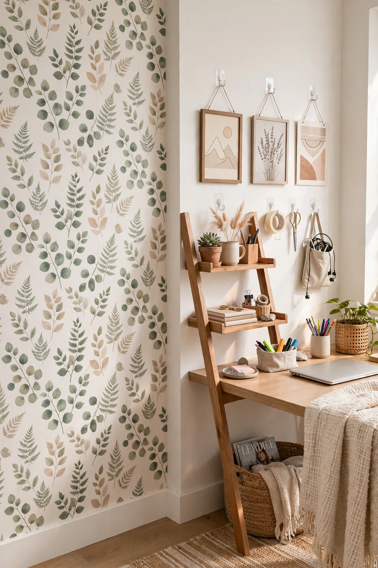 Renter-friendly home office with peel-and-stick wallpaper, leaning shelves, and adhesive hooks