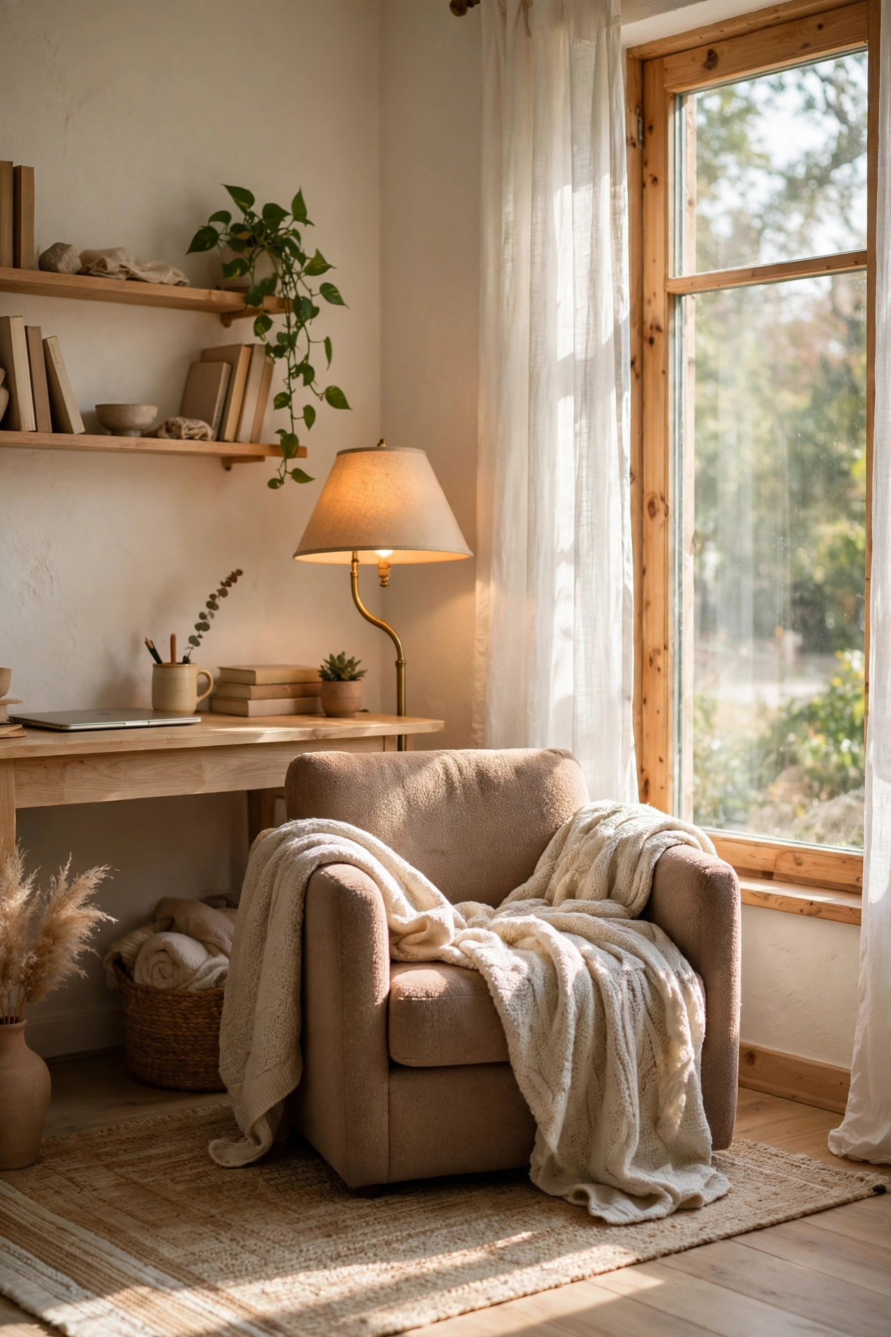Cozy reading corner in a home office with a small armchair, throw blanket, and floor lamp by the window