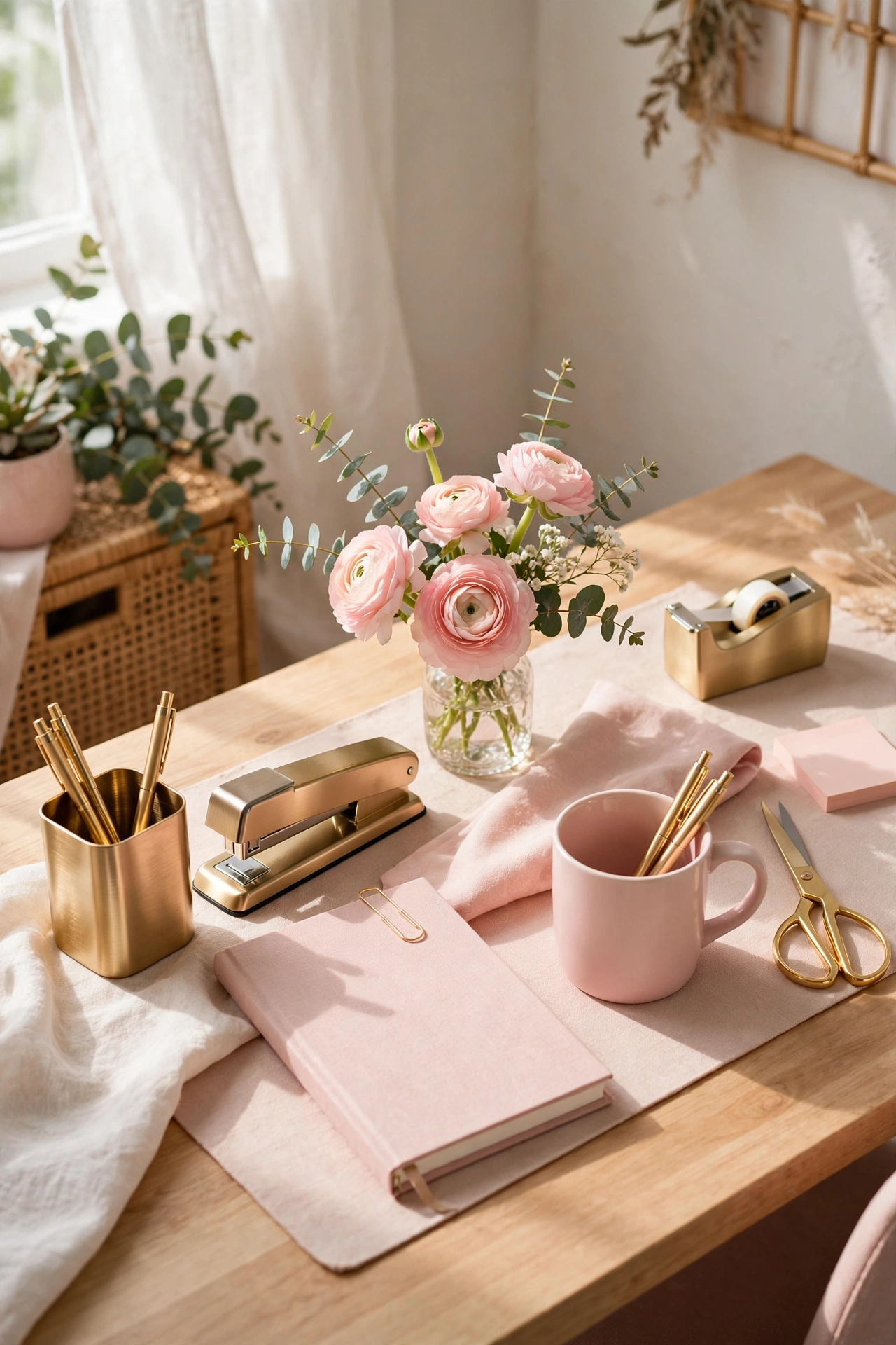 Feminine home office with blush pink accents, brushed-gold desk accessories, and a vase of fresh flowers